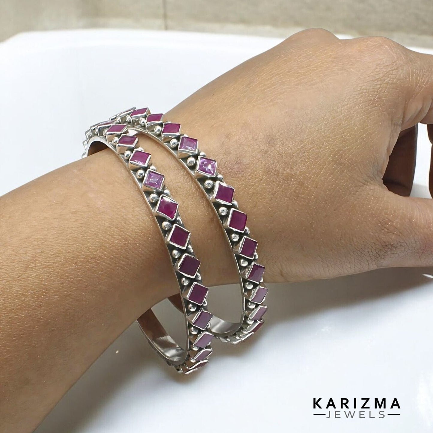 Real 925 Silver Pink Ruby Women Excellent Oxidized Bangles Pair - 6.2 CM
