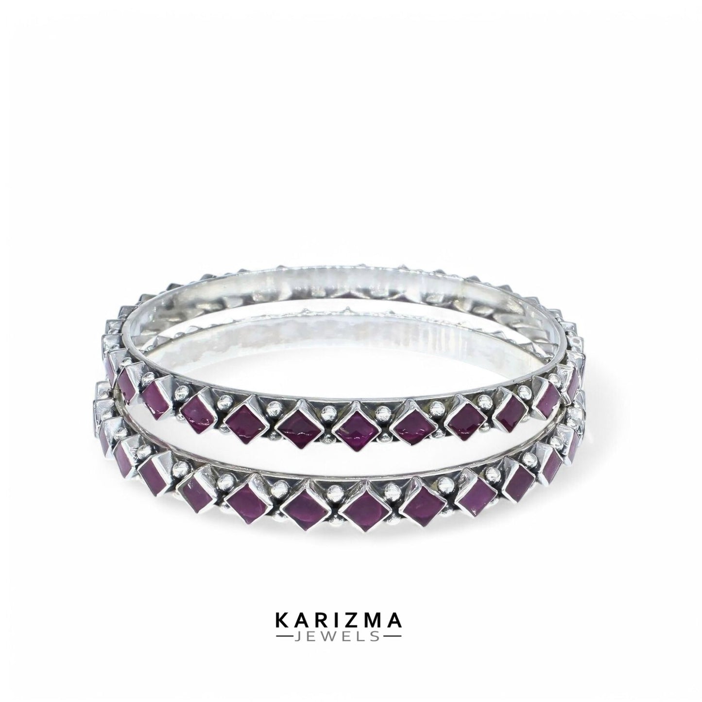 Real 925 Silver Pink Ruby Women Excellent Oxidized Bangles Pair - 6.2 CM