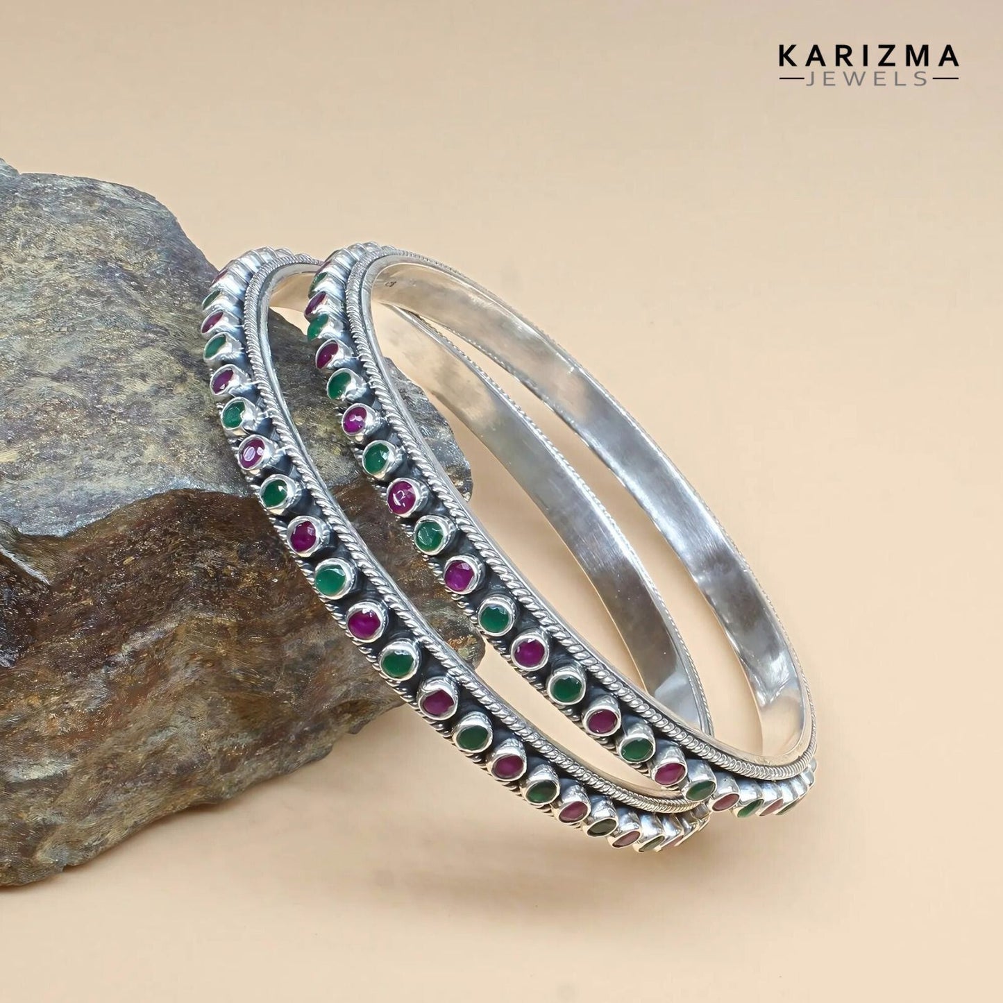 Real 925 Silver clear stone Women gifting Oxidized Bangles Pair - 6.2 CM