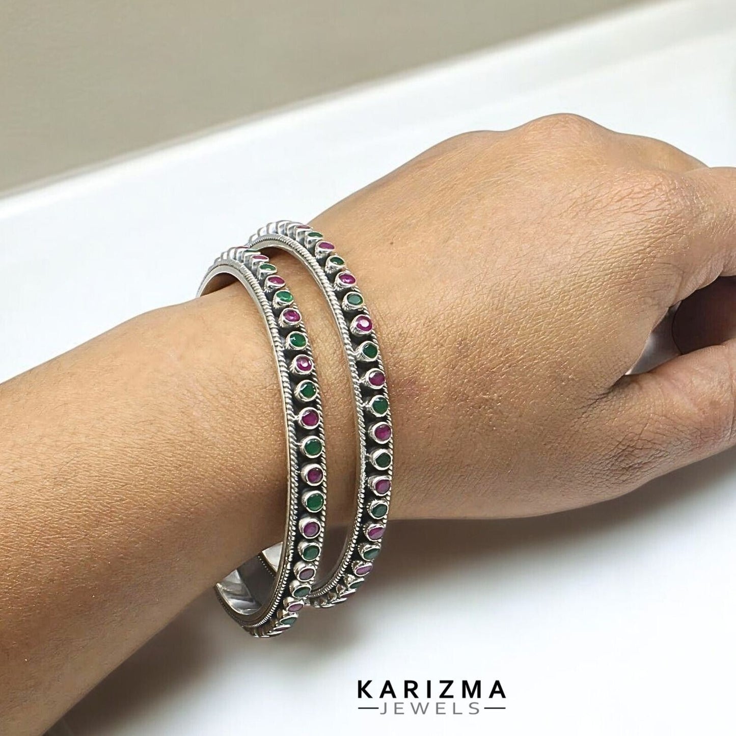 Real 925 Silver clear stone Women gifting Oxidized Bangles Pair - 6.2 CM