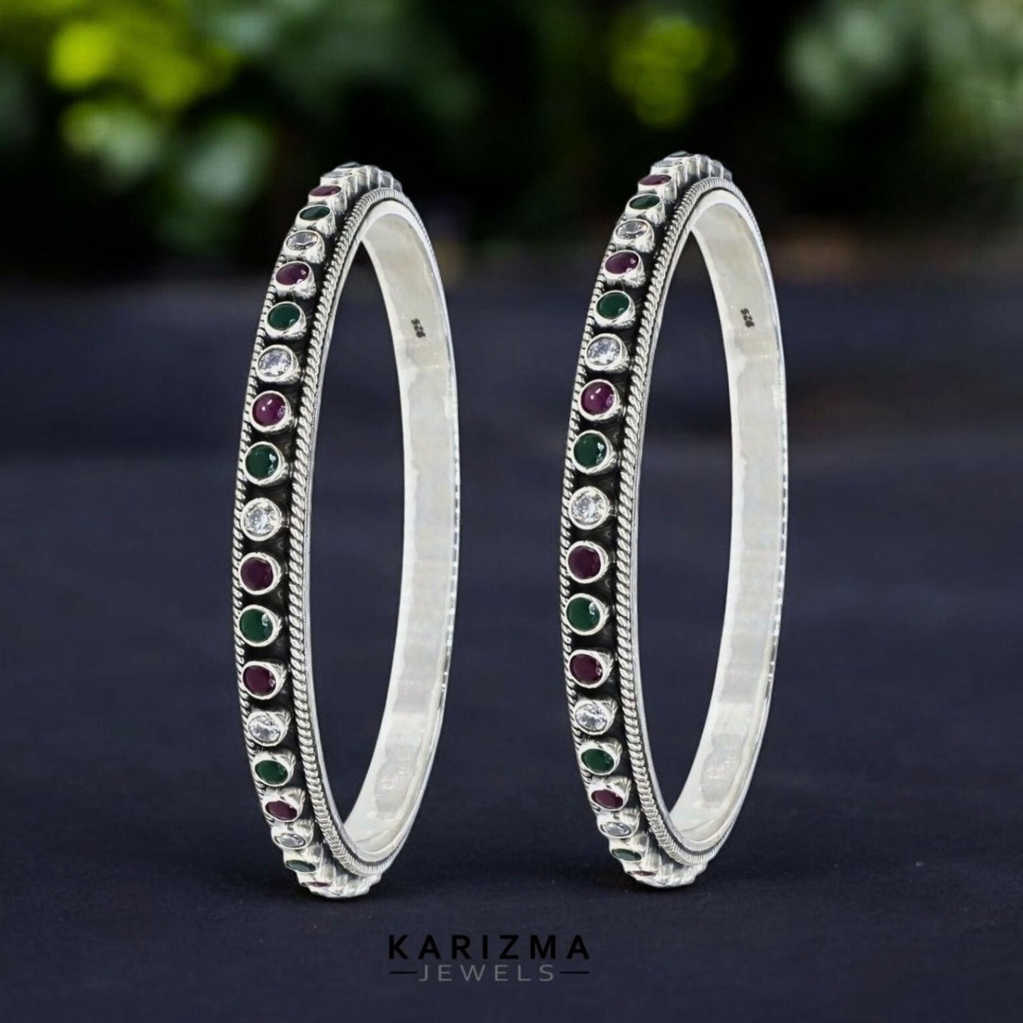 Real 925 Silver Multi CZ Women Oxidized Bangles Pair - 6 CM