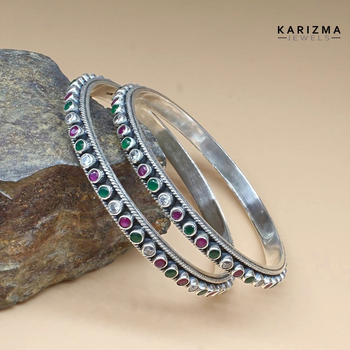 Real 925 Silver Multi CZ Women Oxidized Bangles Pair - 6 CM