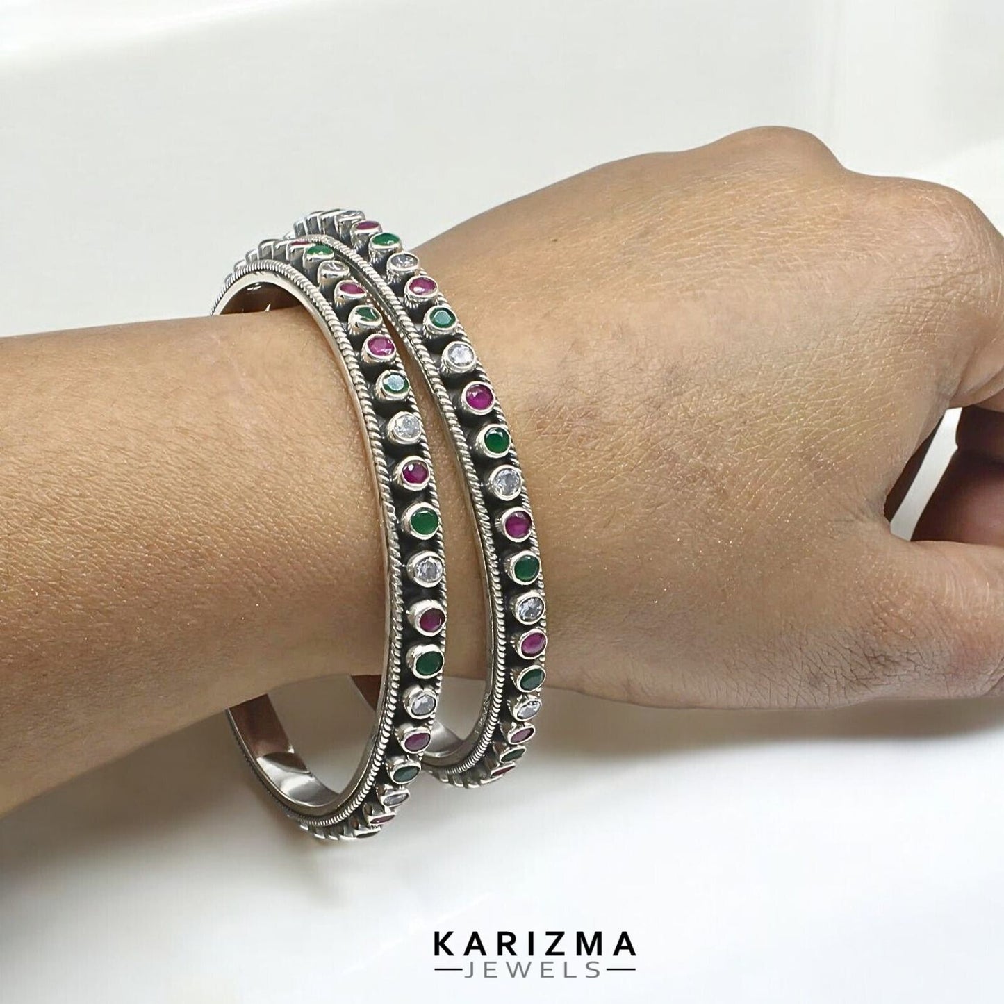 Real 925 Silver Multi CZ Women Oxidized Bangles Pair - 6 CM