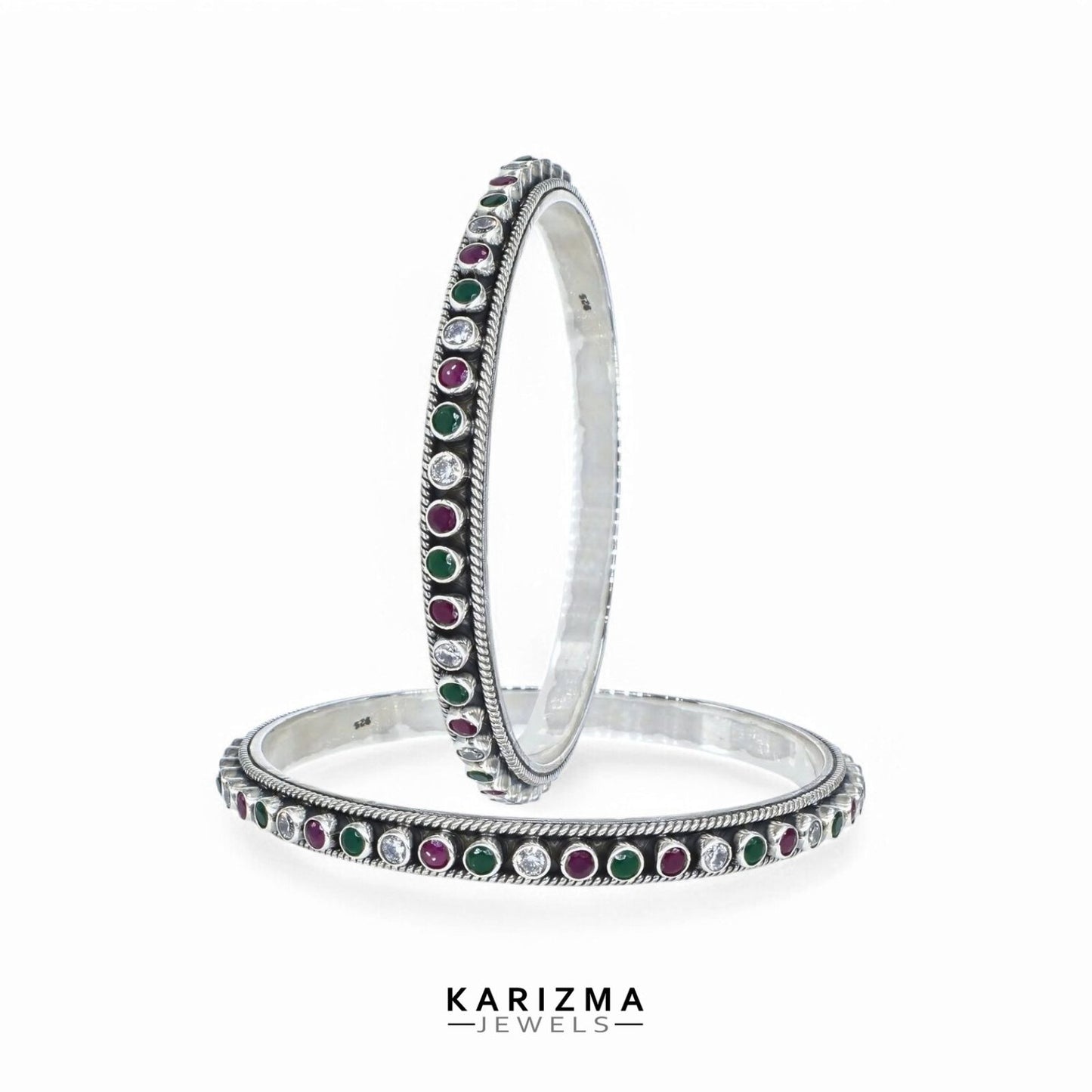 Real 925 Silver Multi CZ Women Oxidized Bangles Pair - 6 CM