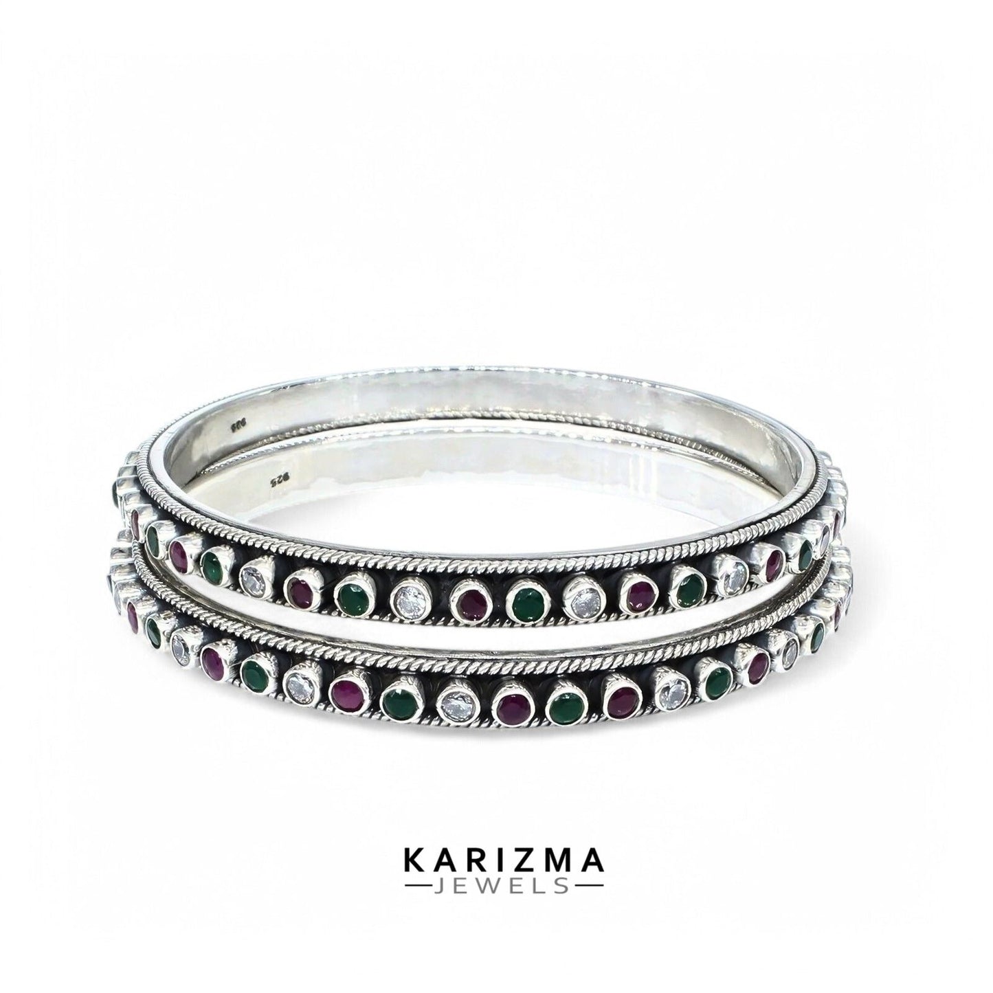 Real 925 Silver Multi CZ Women Oxidized Bangles Pair - 6 CM