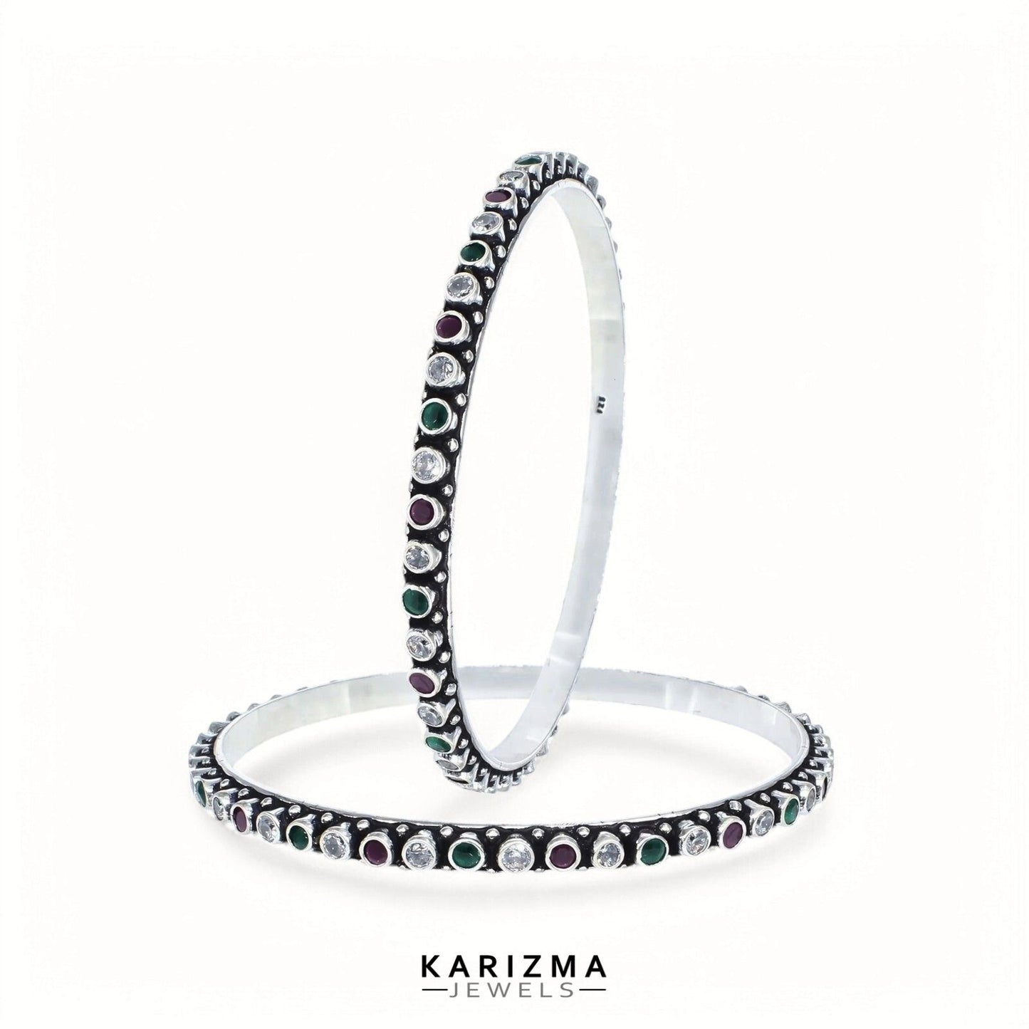 Real 925 Silver Multi CZ Women Oxidized amazing Bangles Pair - 6.4 CM