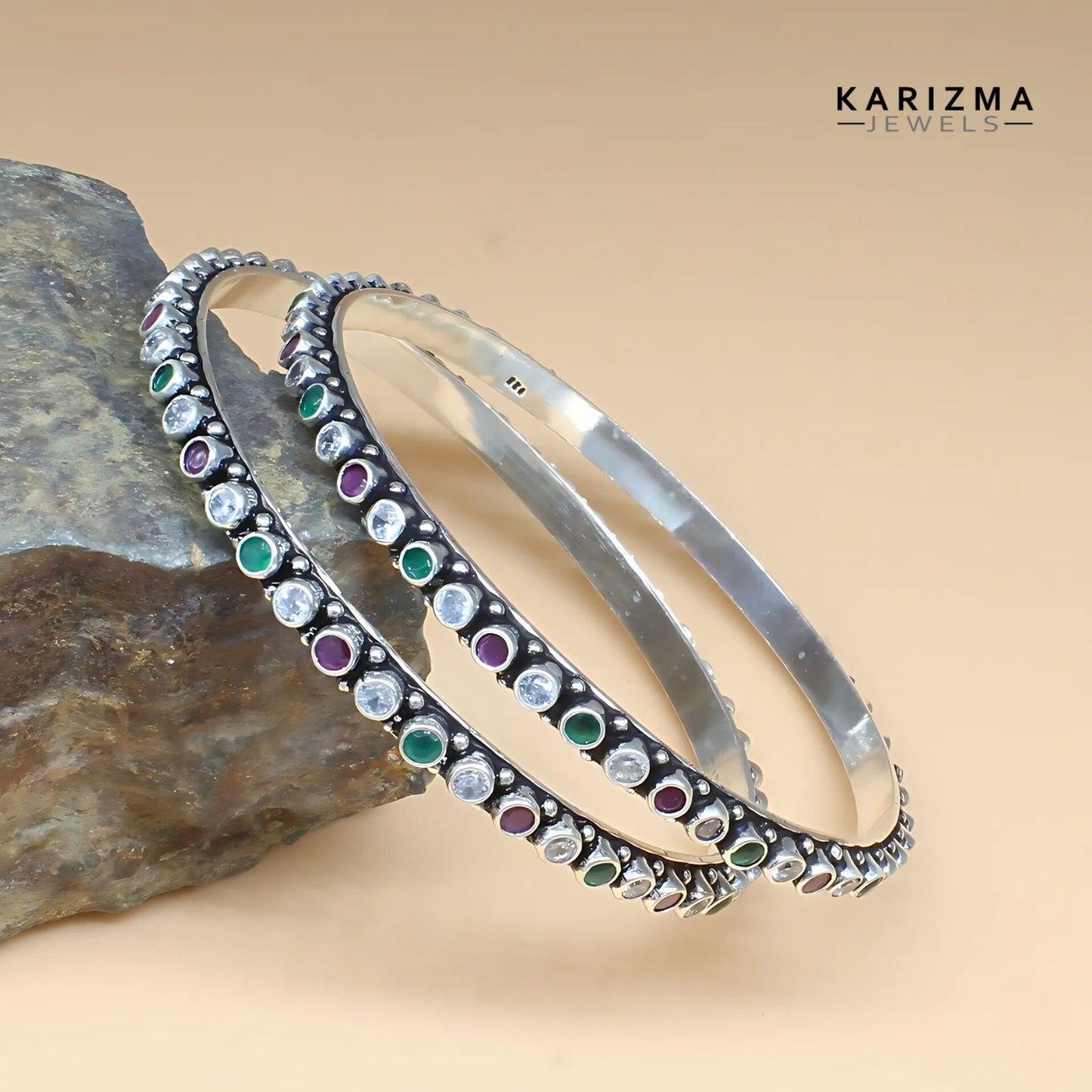 Real 925 Silver Multi CZ Women Oxidized amazing Bangles Pair - 6.4 CM