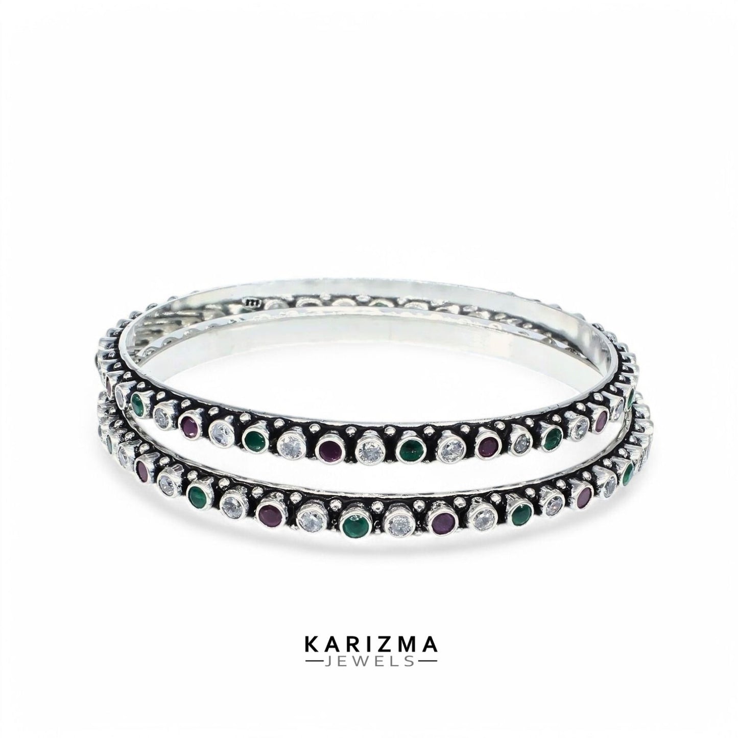 Real 925 Silver Multi CZ Women Oxidized amazing Bangles Pair - 6.4 CM