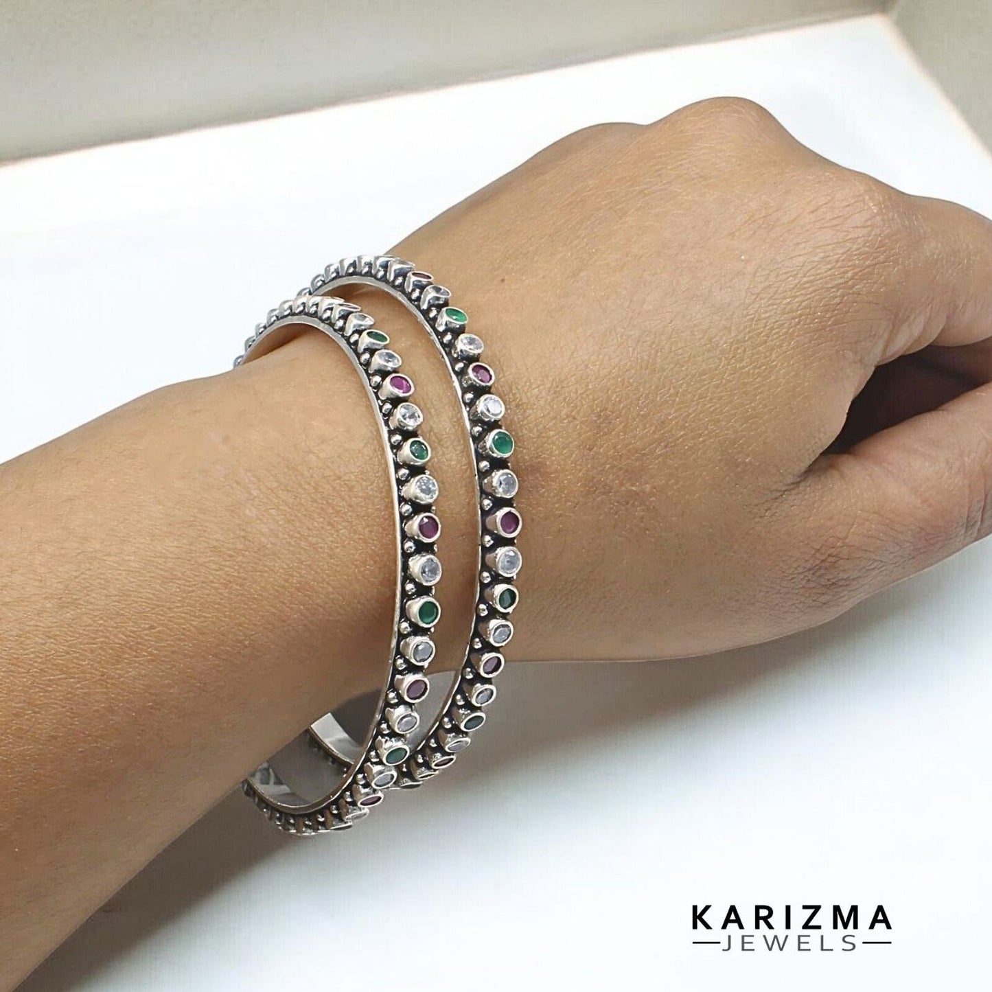 Real 925 Silver Multi CZ Women Oxidized amazing Bangles Pair - 6.4 CM