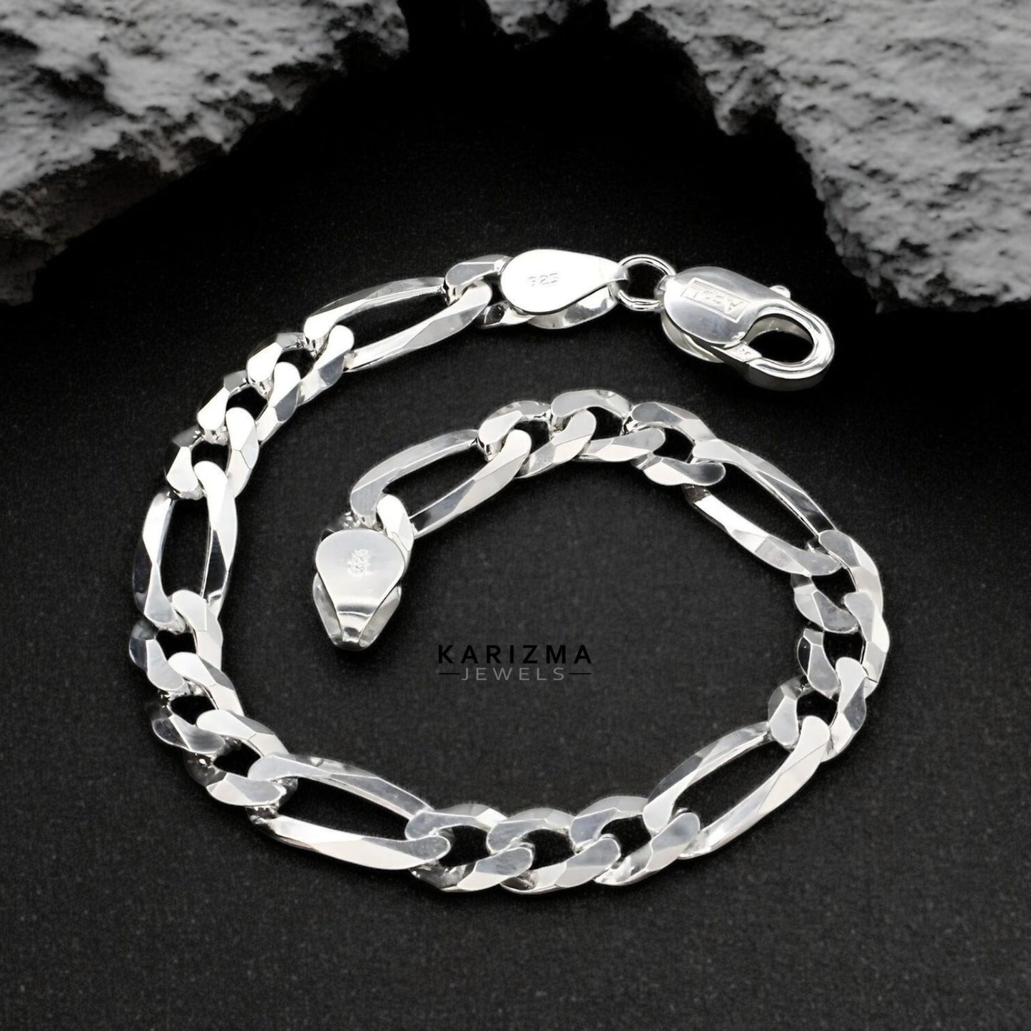 Real Sterling Silver Figaro Link Men's Bracelet