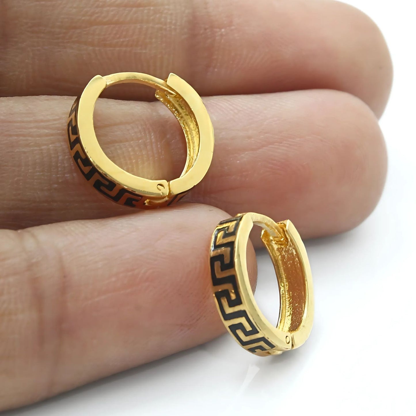 Greek Key Design hinged hoop Earrings 18k Solid Yellow Gold