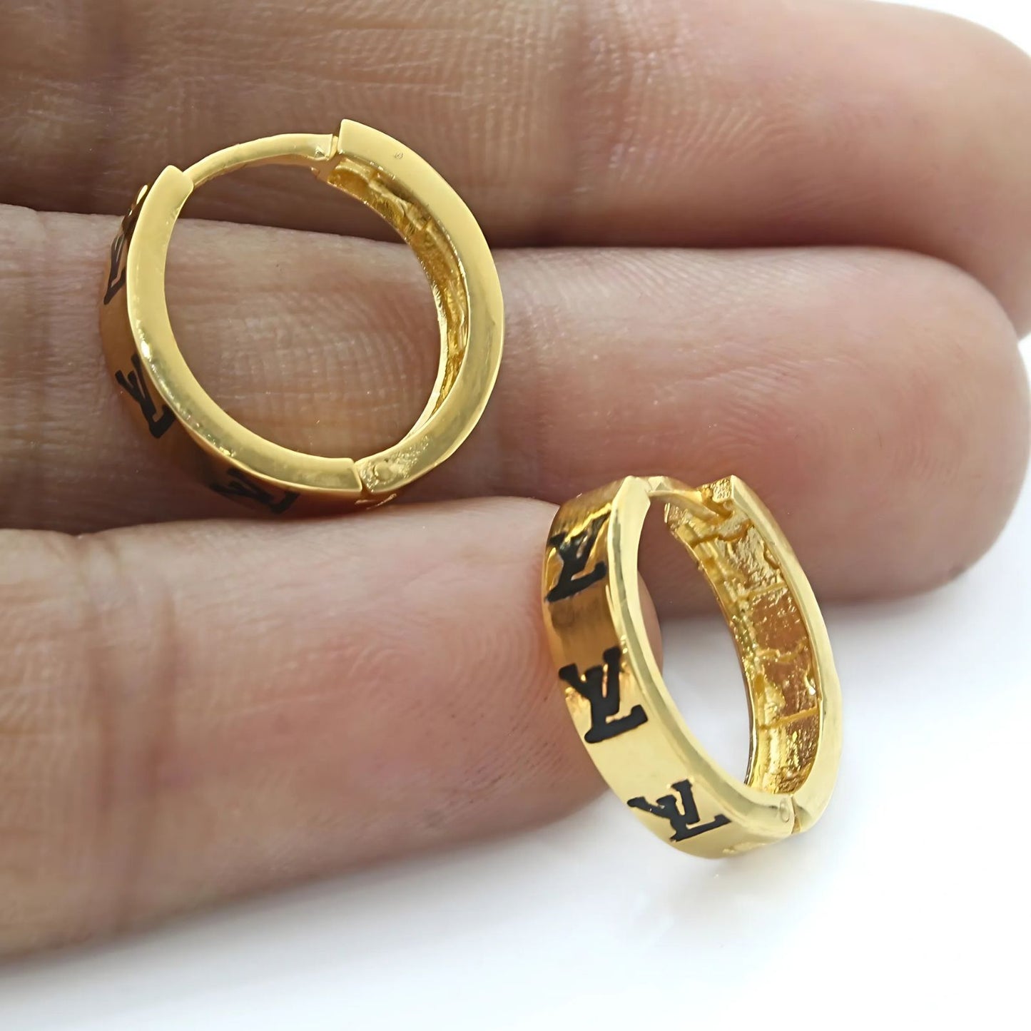 18k Real Solid Gold hinged hoop Louis Vuitton Design Earrings