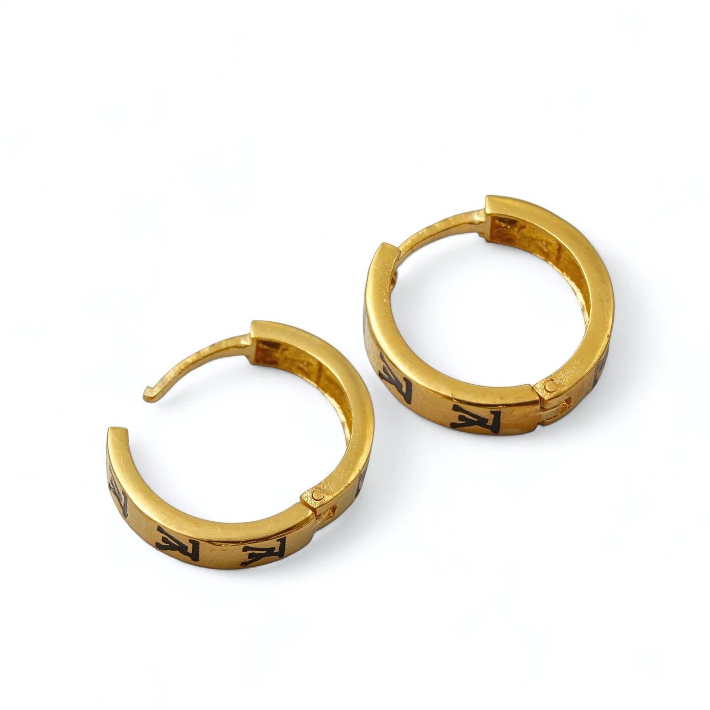 18k Real Solid Gold hinged hoop Louis Vuitton Design Earrings