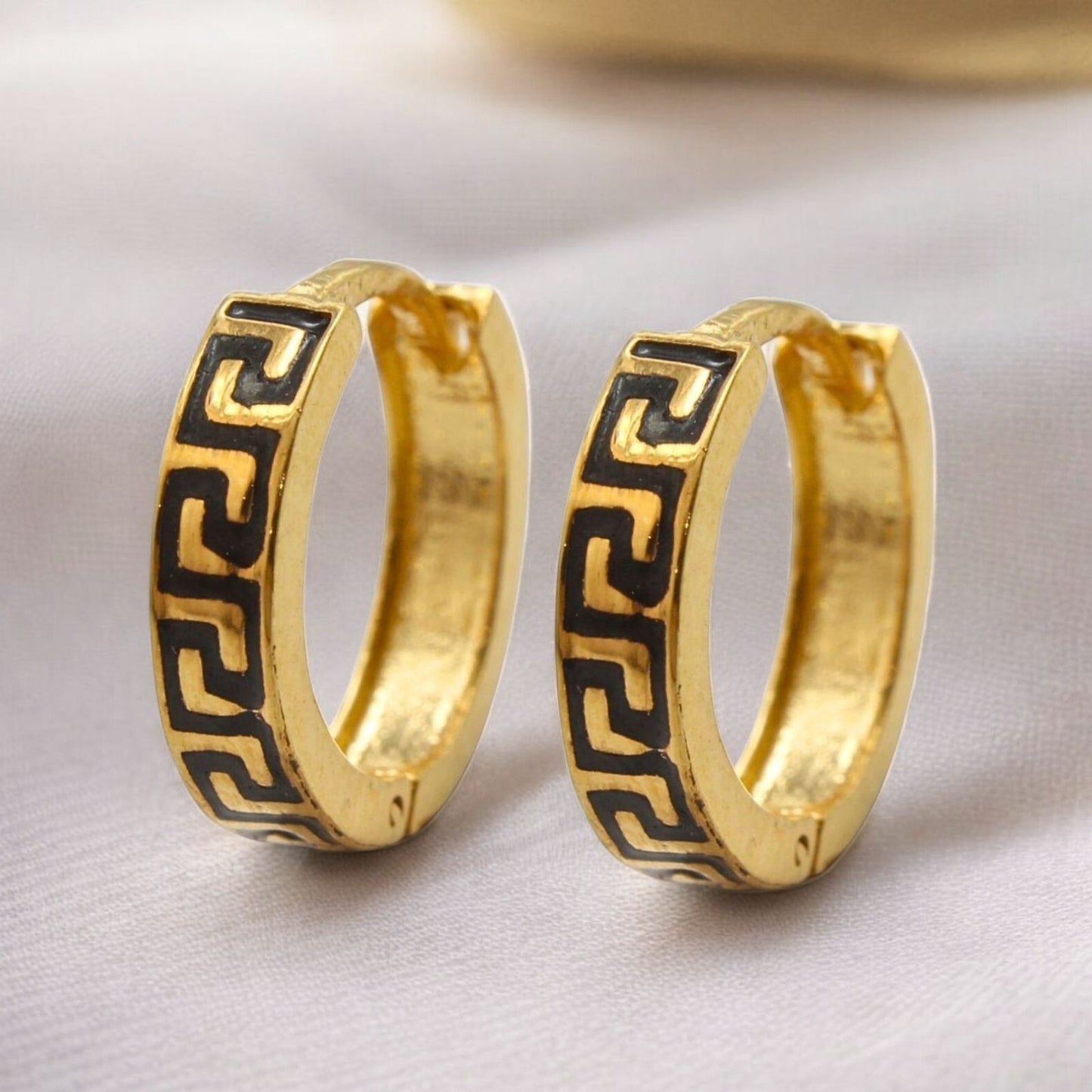 Greek Key Design hinged hoop Earrings 18k Solid Yellow Gold