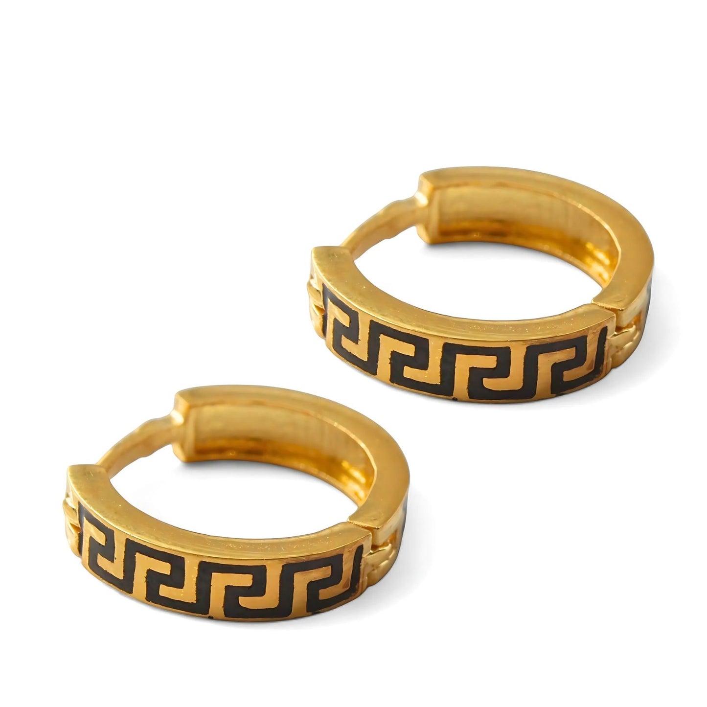 Greek Key Design hinged hoop Earrings 18k Solid Yellow Gold
