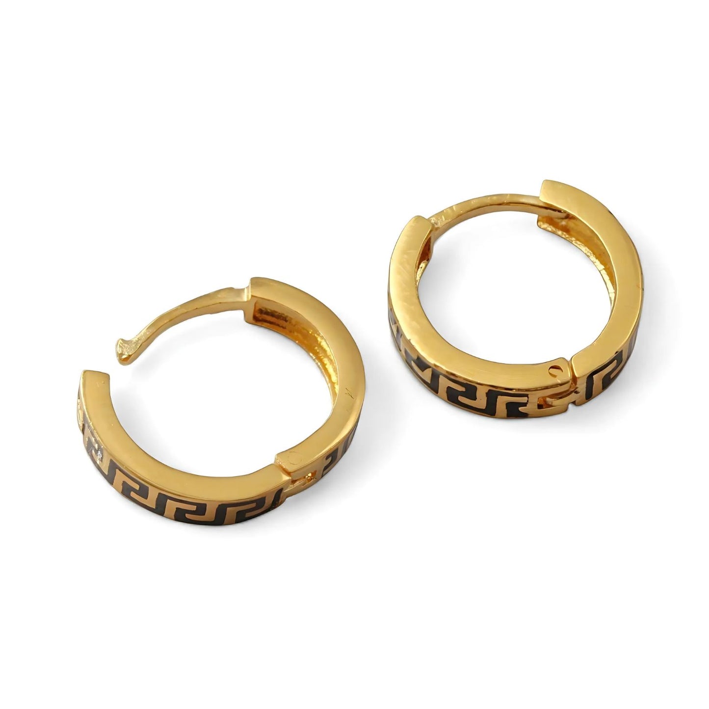 Greek Key Design hinged hoop Earrings 18k Solid Yellow Gold