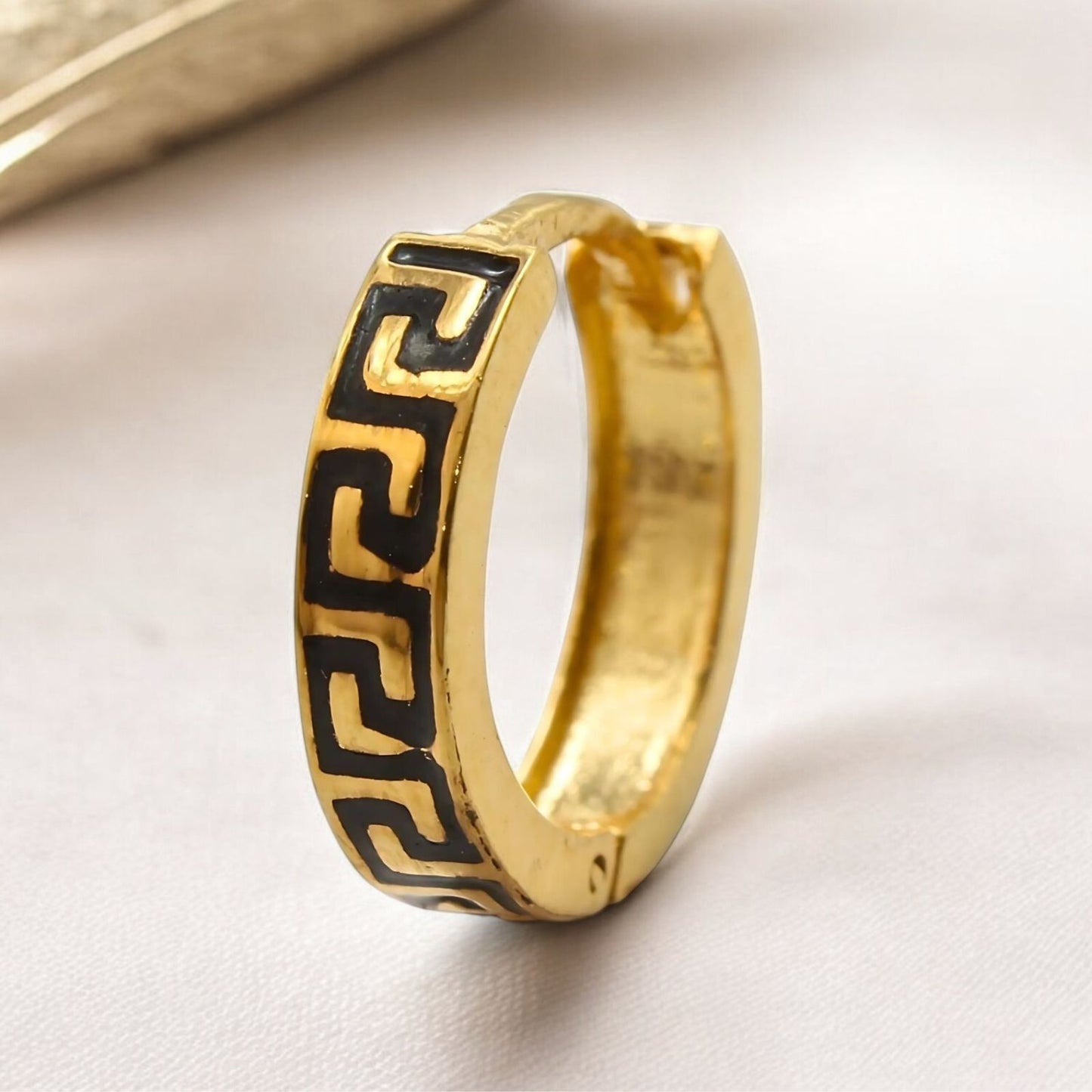 Greek Key Design hinged hoop Earrings 18k Solid Yellow Gold
