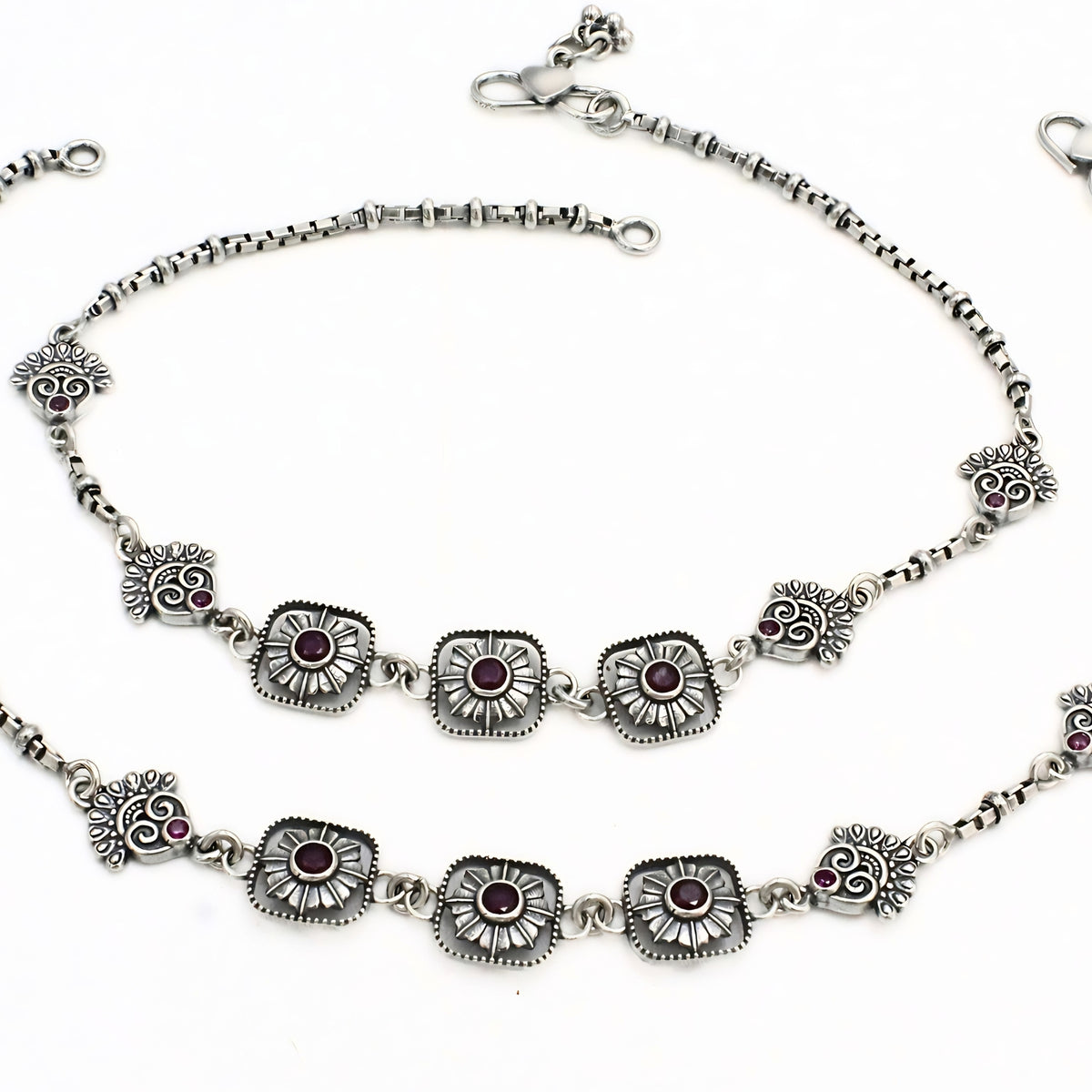 925 Sterling Silver Women’s Paisley Jhanjhar – Pink CZ Oxidized Anklet
