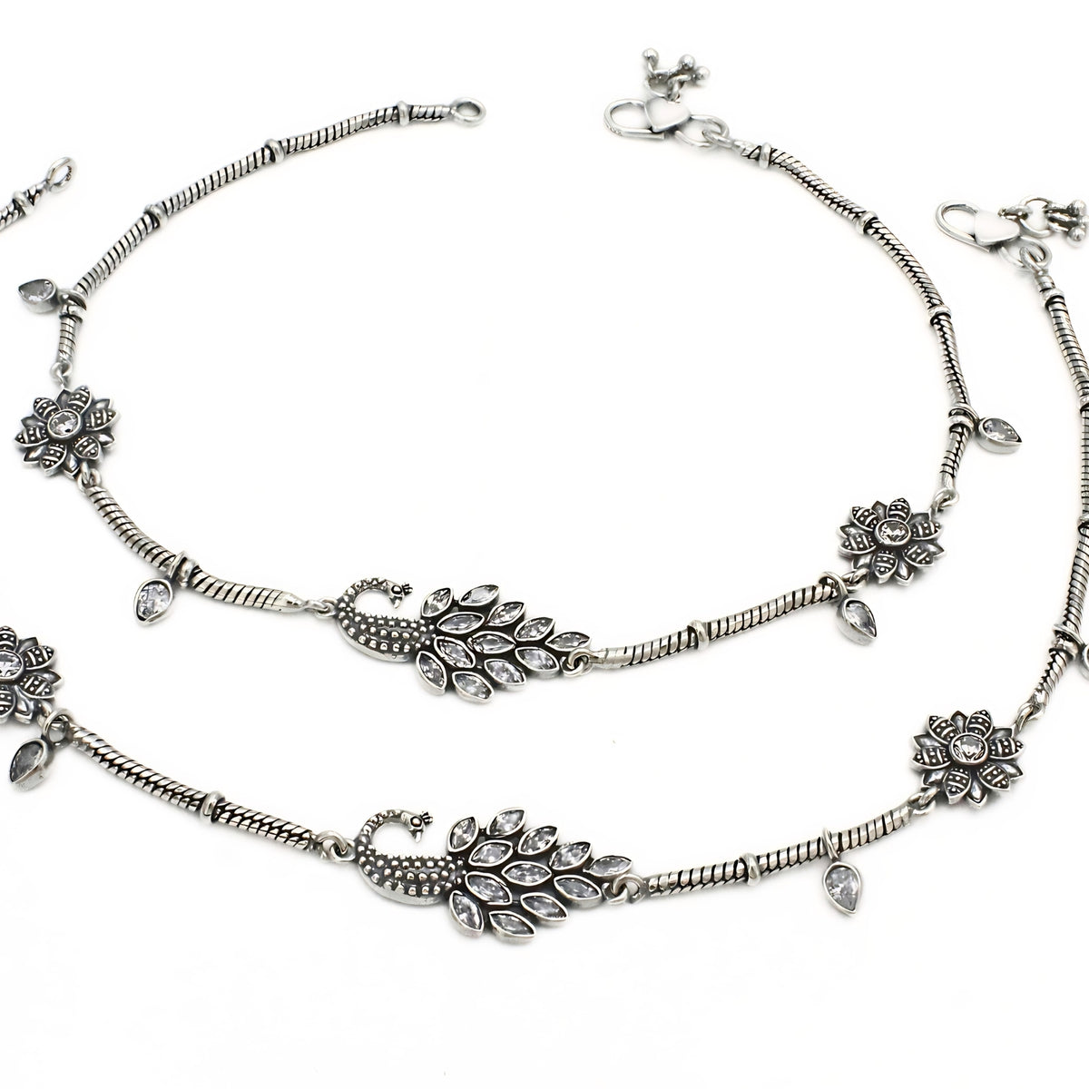 925 Sterling Silver Peacock Floral Anklet Pair ā Intricate Ethnic Design