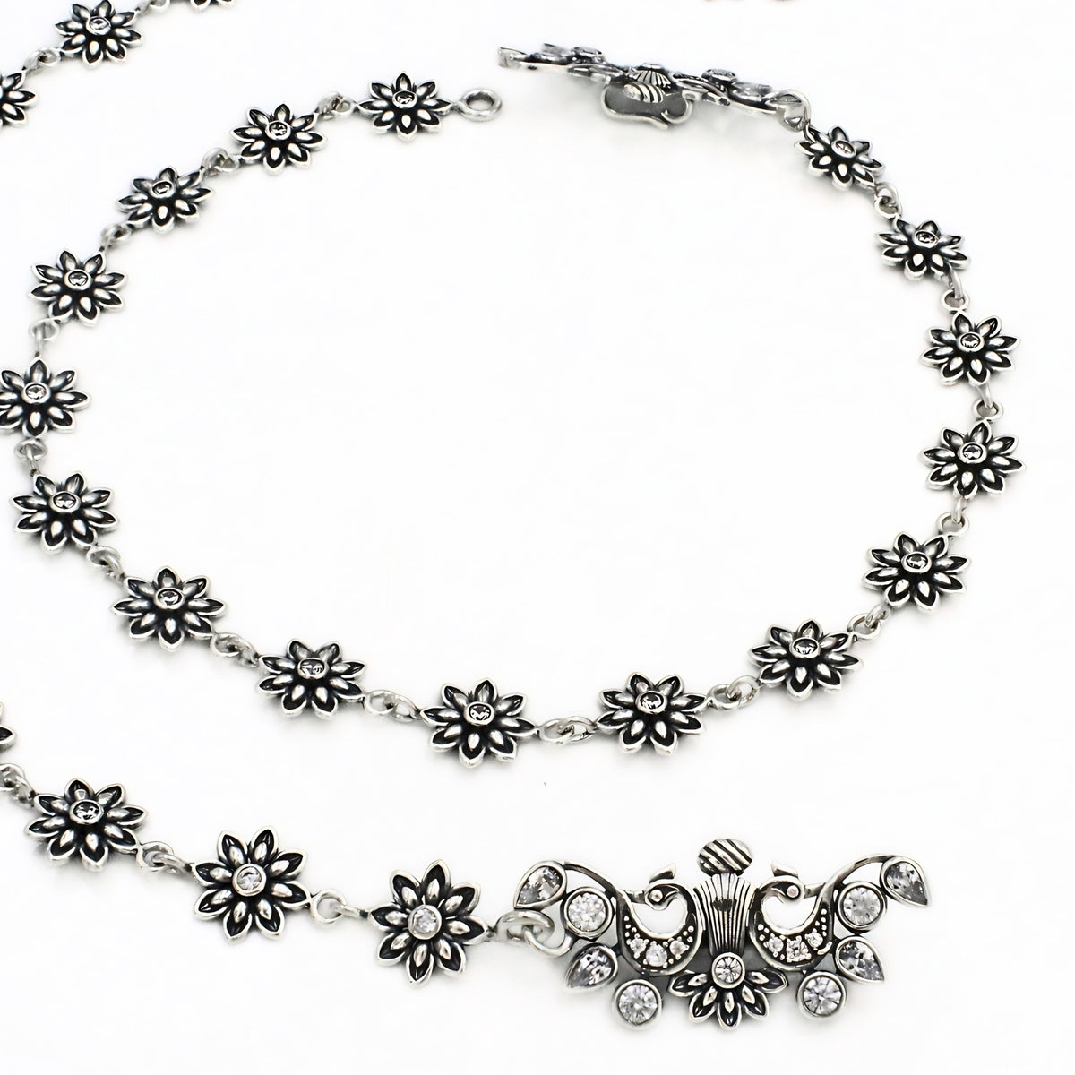 Elegant Floral Charm Anklet Pair – 925 Sterling Silver Oxidized Jewellery