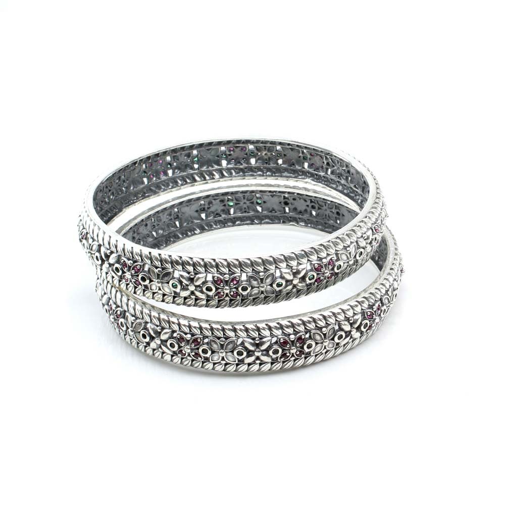 Real Sterling Silver CZ Women Oxidized Bangles Pair - 6.2 CM