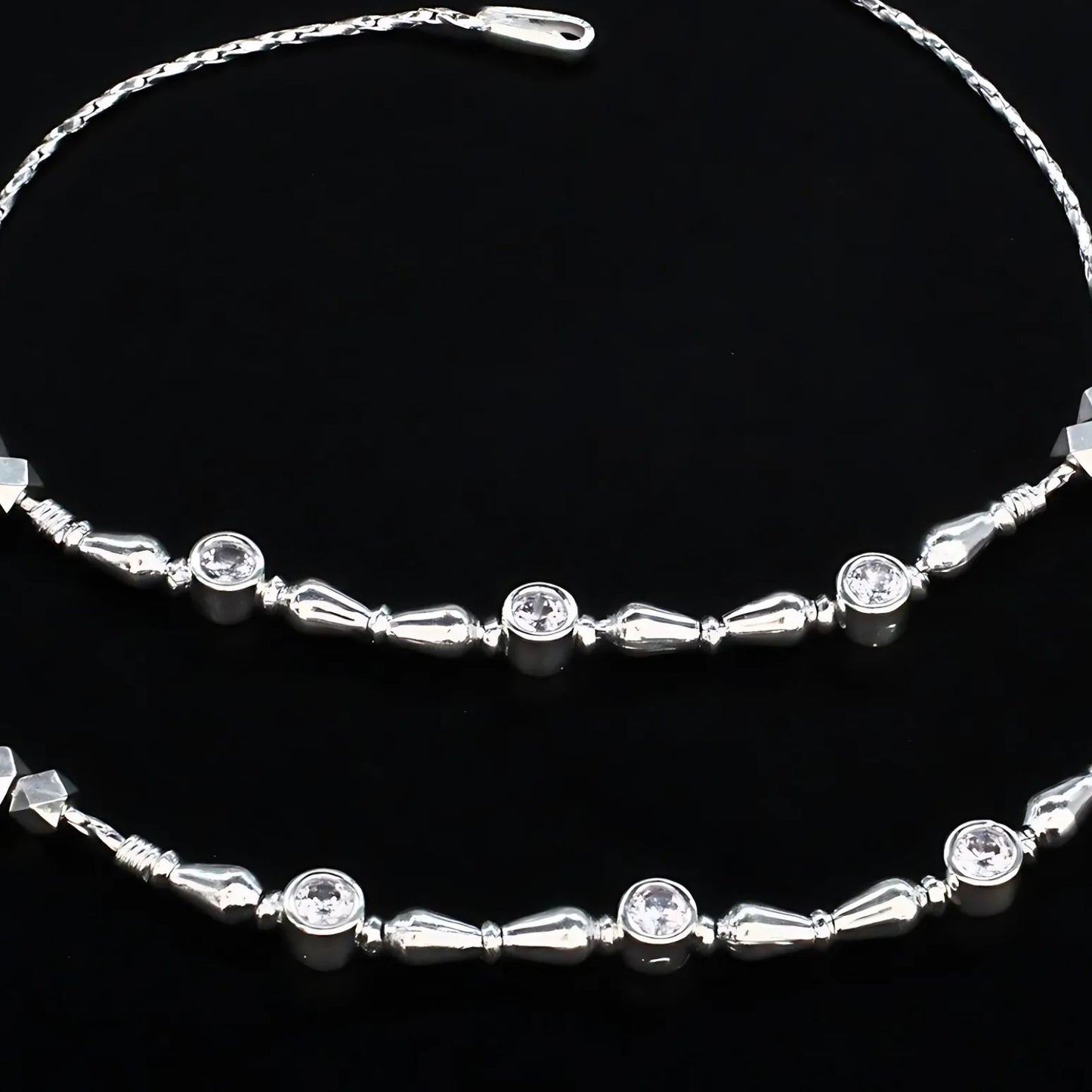 Real Silver Women Clear White CZ Payal Anklet Pair 10.3"