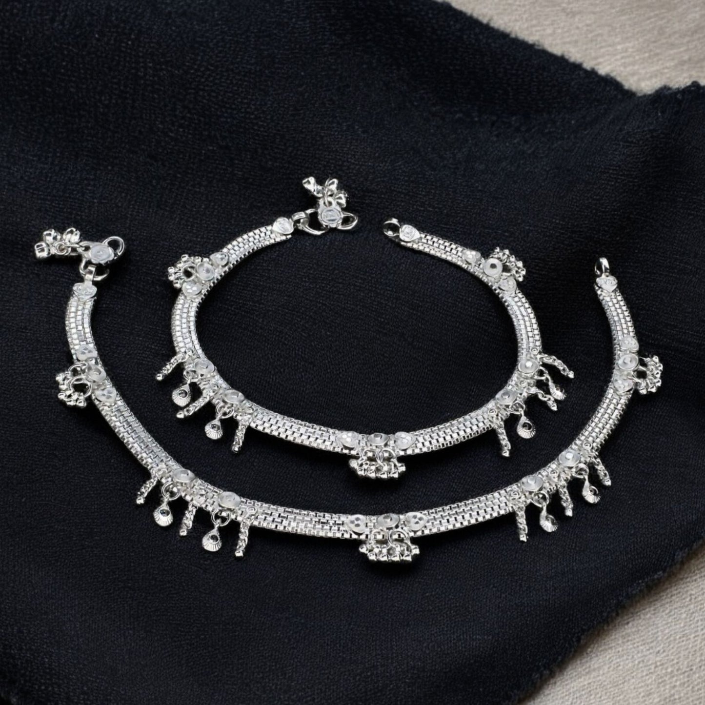 Real Silver bridal women Jhanjhar Anklet Pair 10.3"