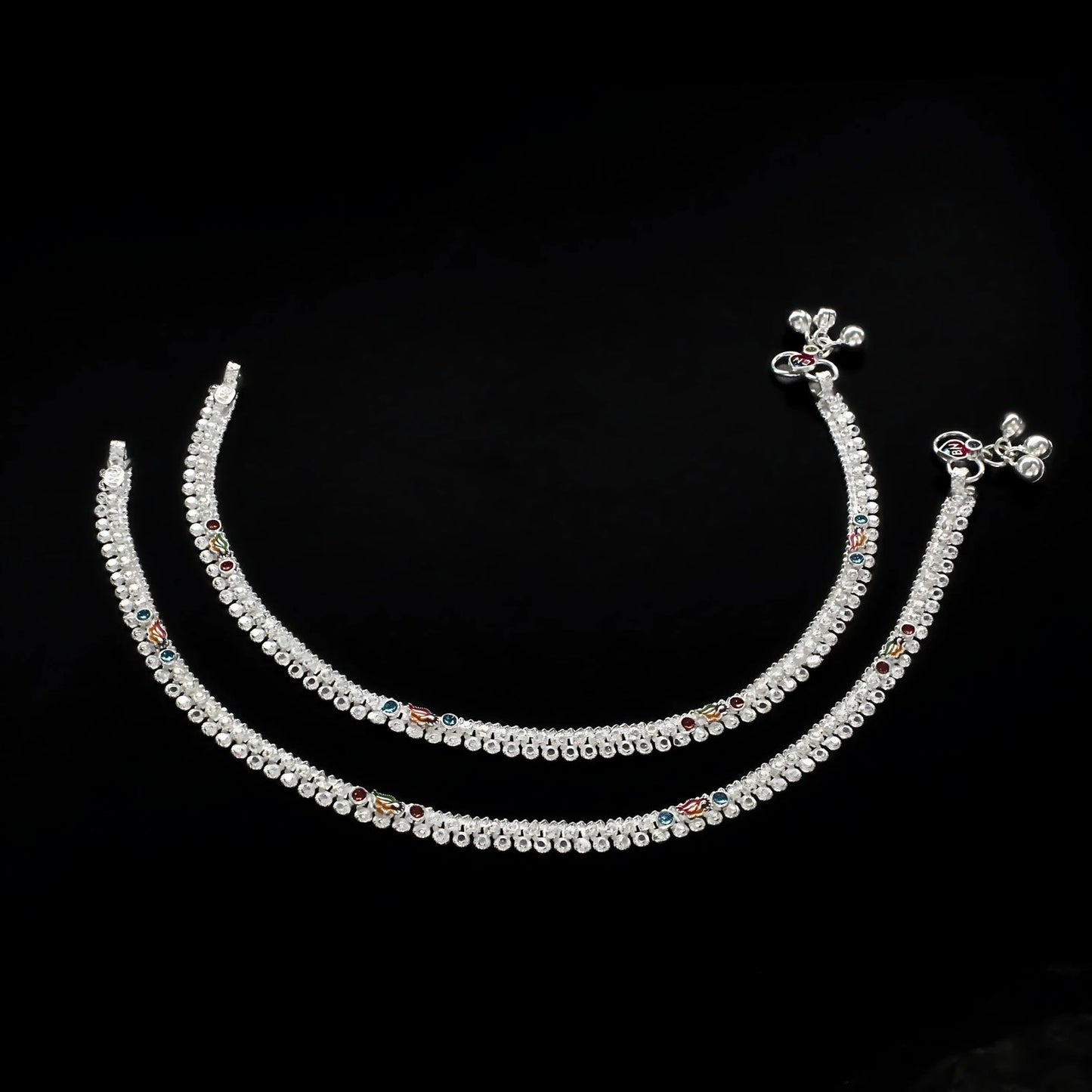 Real Silver women cultural design Payal Anklet Pair 10"