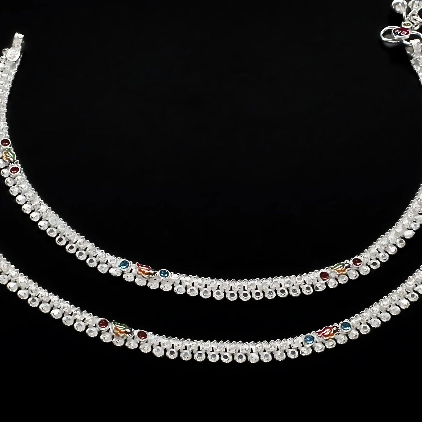 Real Silver women cultural design Payal Anklet Pair 10"