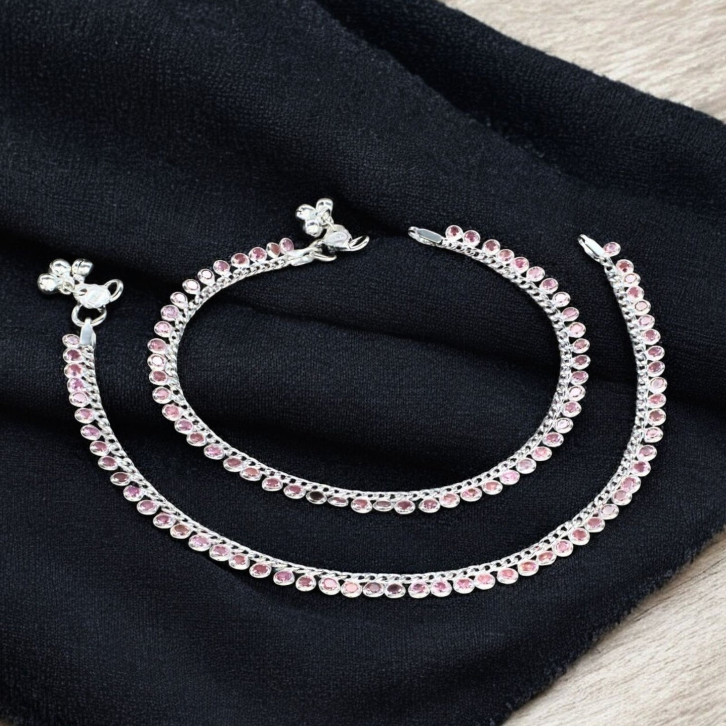 Real Silver Women Pink CZ Jhanjhar Anklet Pair 10.3"