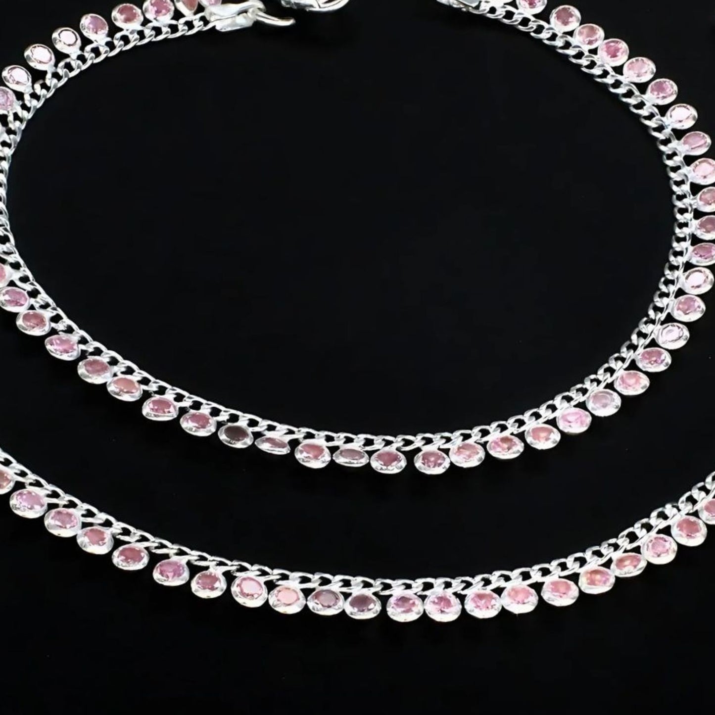 Real Silver Women Pink CZ Jhanjhar Anklet Pair 10.3"