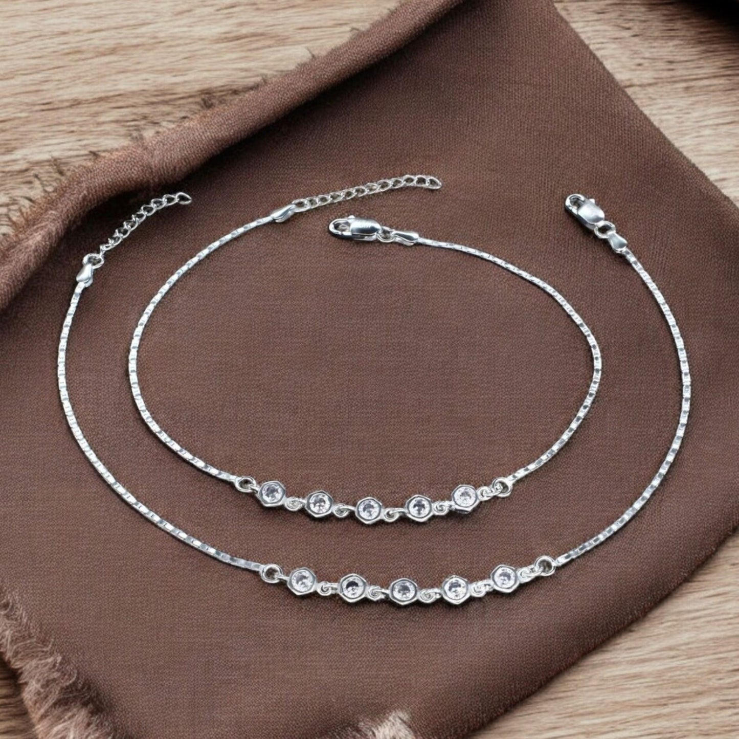 Real Silver Women White CZ pretty Jhanjhar Anklet Pair 10.5"