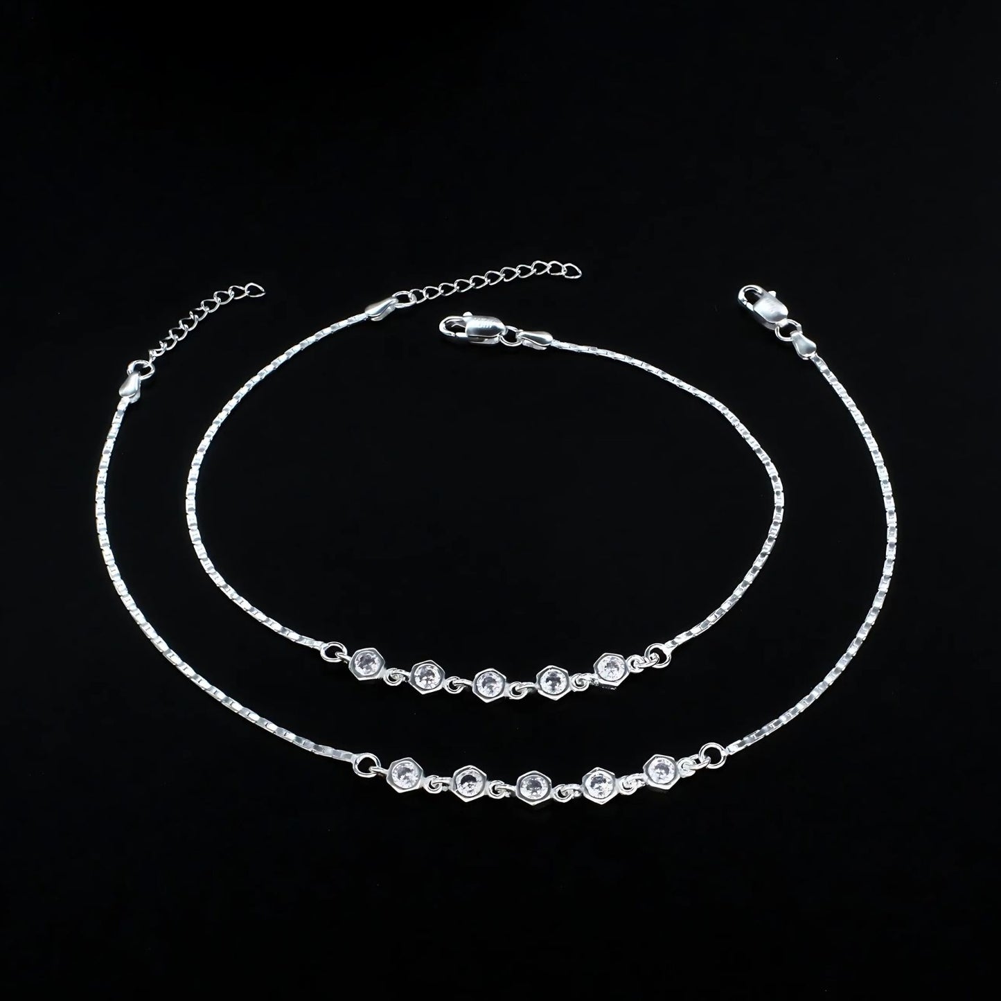 Real Silver Women White CZ pretty Jhanjhar Anklet Pair 10.5"