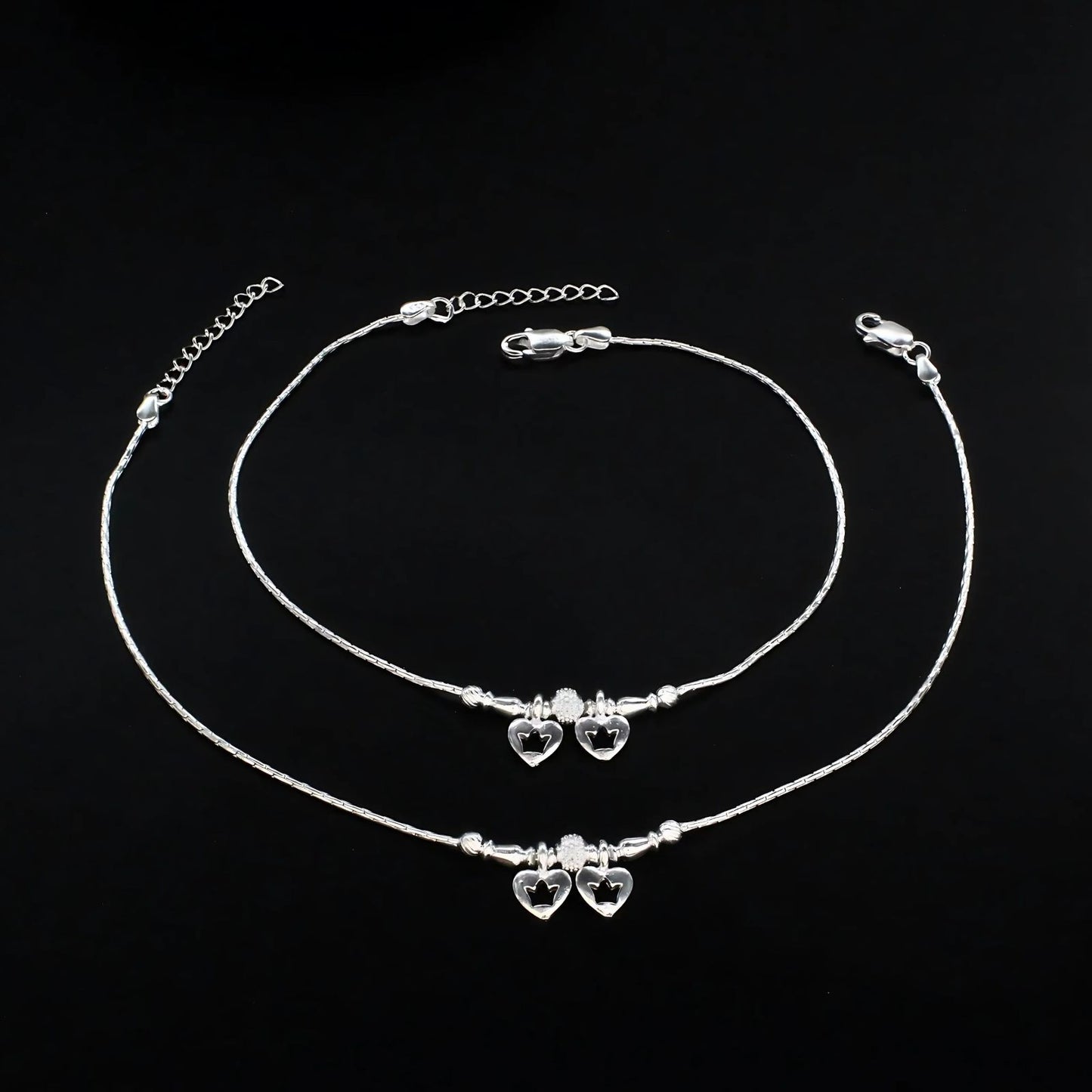 Real Silver women heart style Anklet Pajeb Pair 10.5"