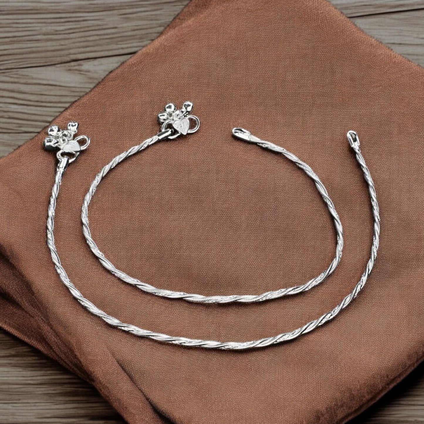 Real Silver women designer twisted chain style Pajeb Anklet Pair 10.3"