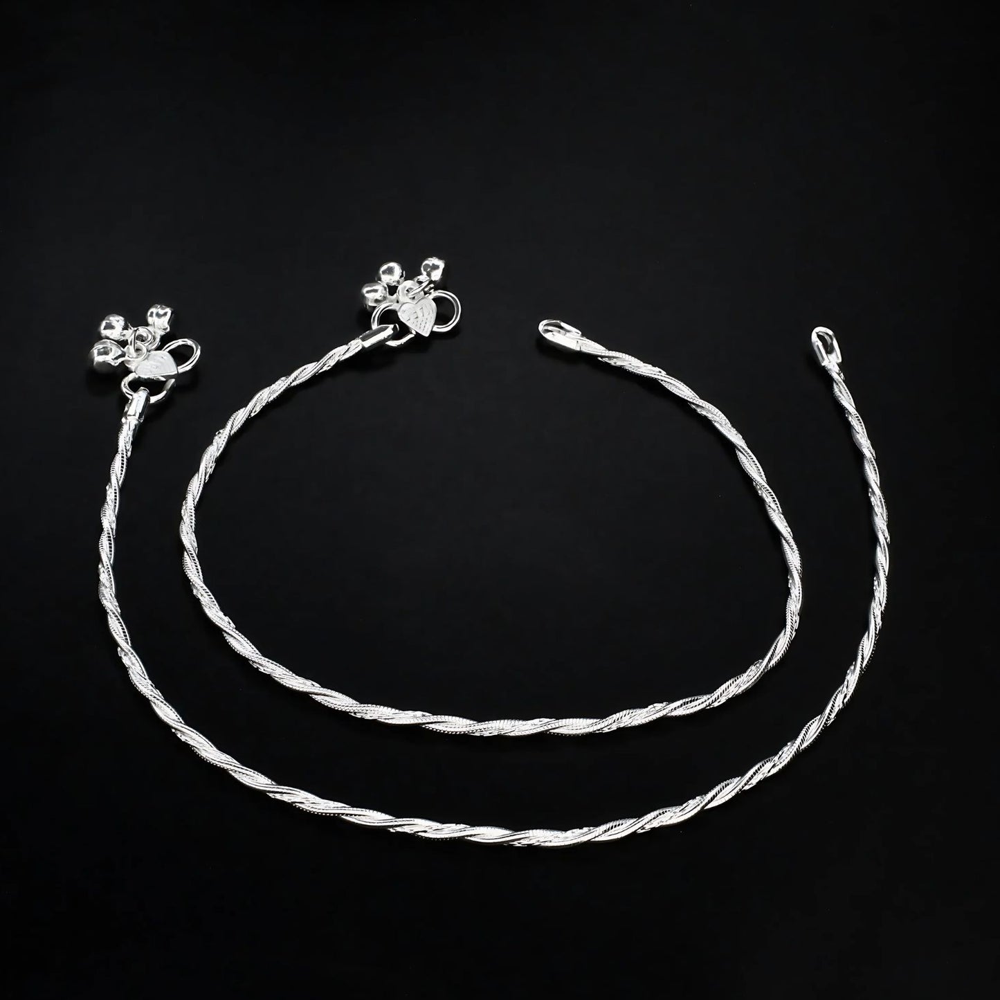 Real Silver women designer twisted chain style Pajeb Anklet Pair 10.3"