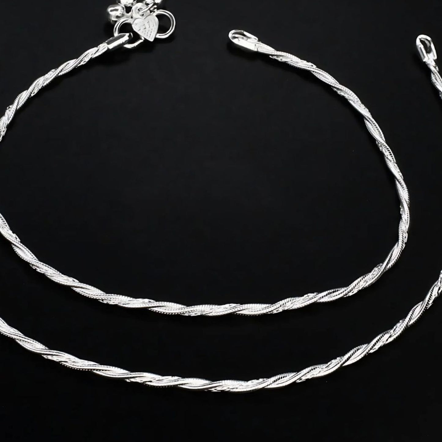Real Silver women designer twisted chain style Pajeb Anklet Pair 10.3"