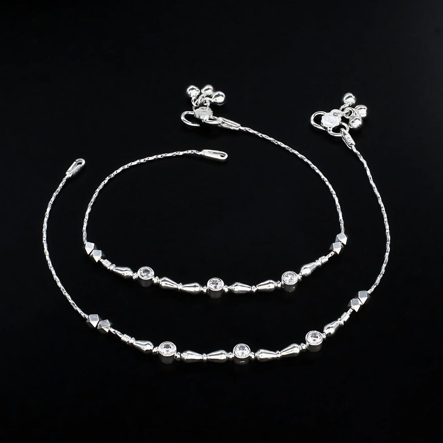 Real Silver Women Clear White CZ Payal Anklet Pair 10.3"