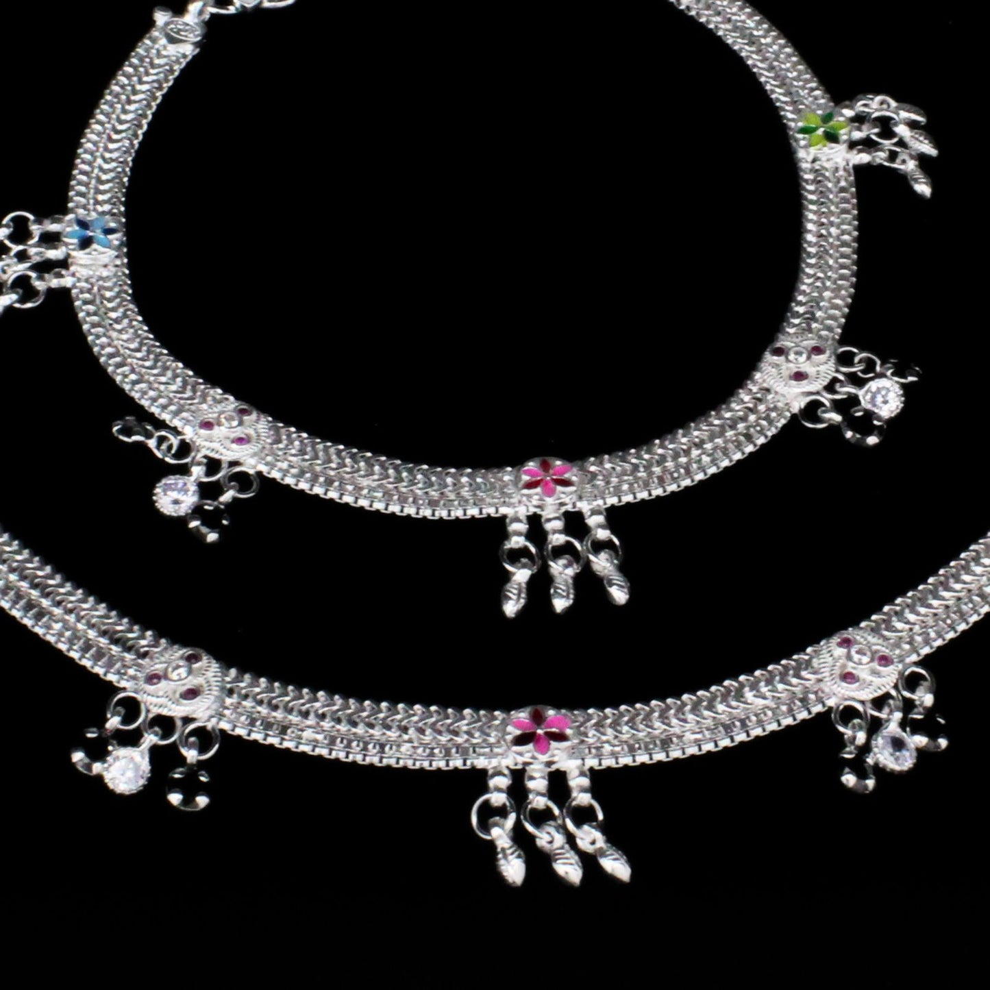 Real Sterling Silver women Multi CZ party wear Anklets Ankle Pair 10.3"