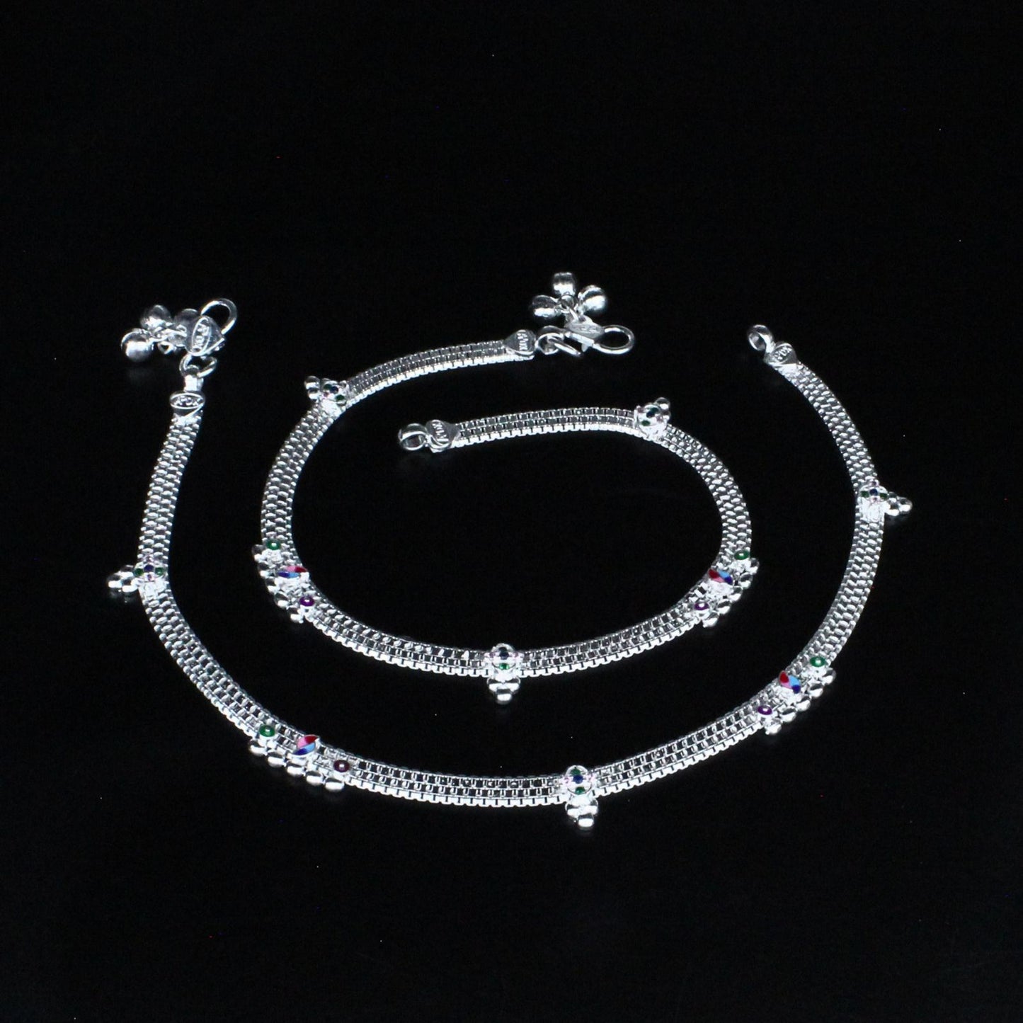 Beach wear Real Sterling Silver women Multi CZ Anklet Ankle Pair 10.3"
