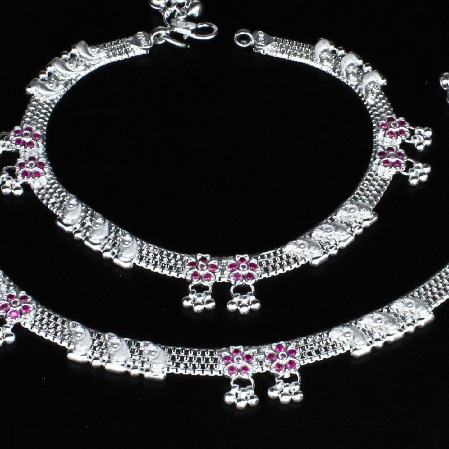 Real Sterling Silver women Pink CZ Stylish Anklet Ankle Pair 10.3"