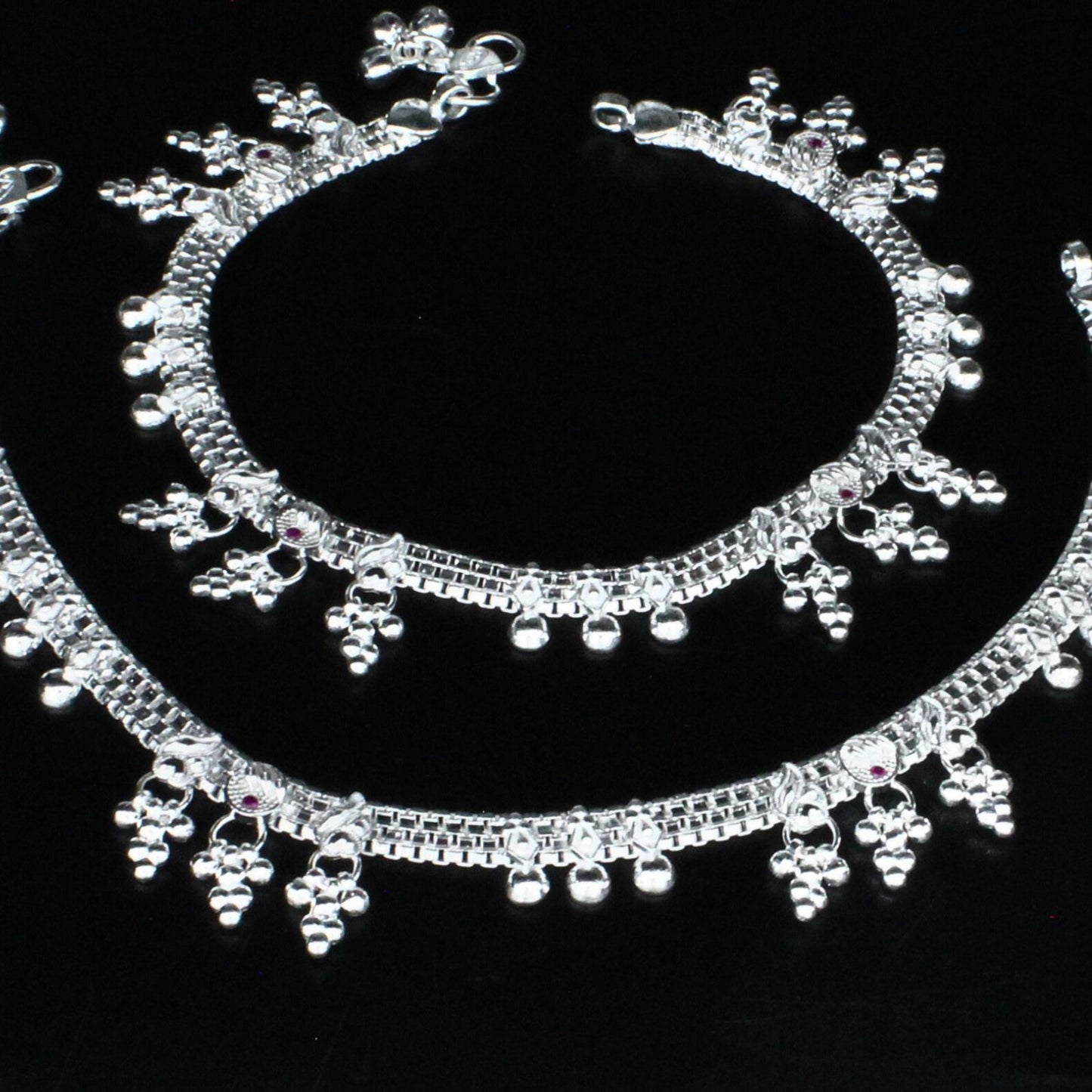 Real Sterling Silver women Pink CZ Best Anklet Ankle Pair 10.3"