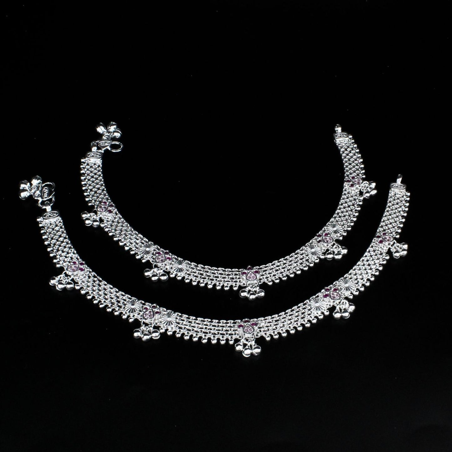 Real Sterling Silver women Pink CZ Excellent gifting Anklet Ankle Pair 10.3"