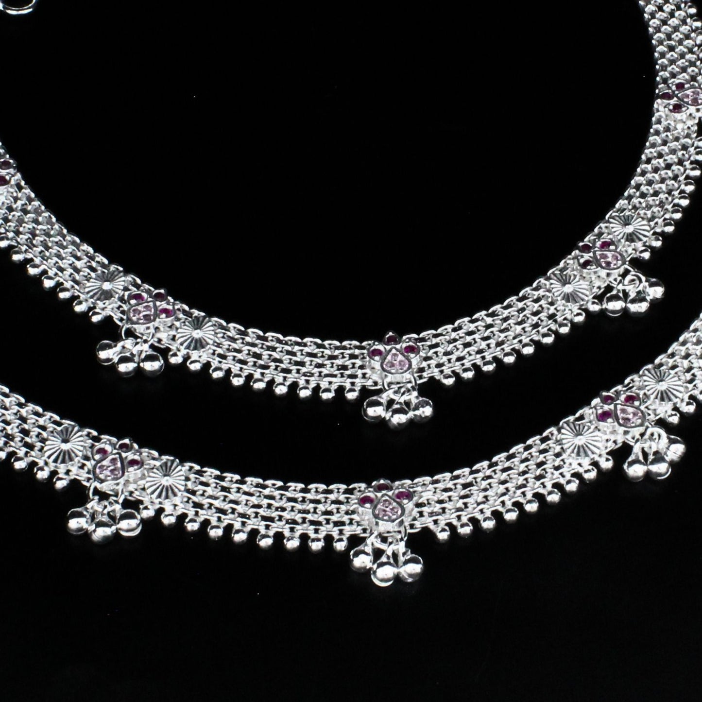Real Sterling Silver women Pink CZ Excellent gifting Anklet Ankle Pair 10.3"