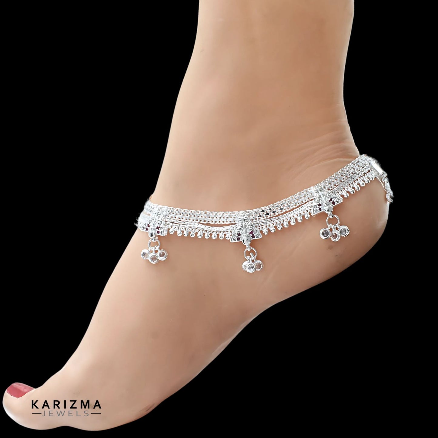 Real Sterling Silver heavy Bridal pajeb women Pink White CZ Anklet Ankle Pair 10.7"
