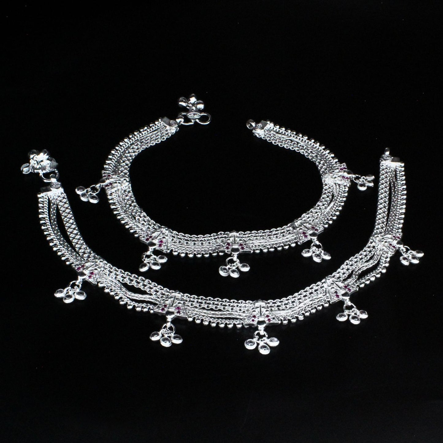 Real Sterling Silver heavy Bridal pajeb women Pink White CZ Anklet Ankle Pair 10.7"
