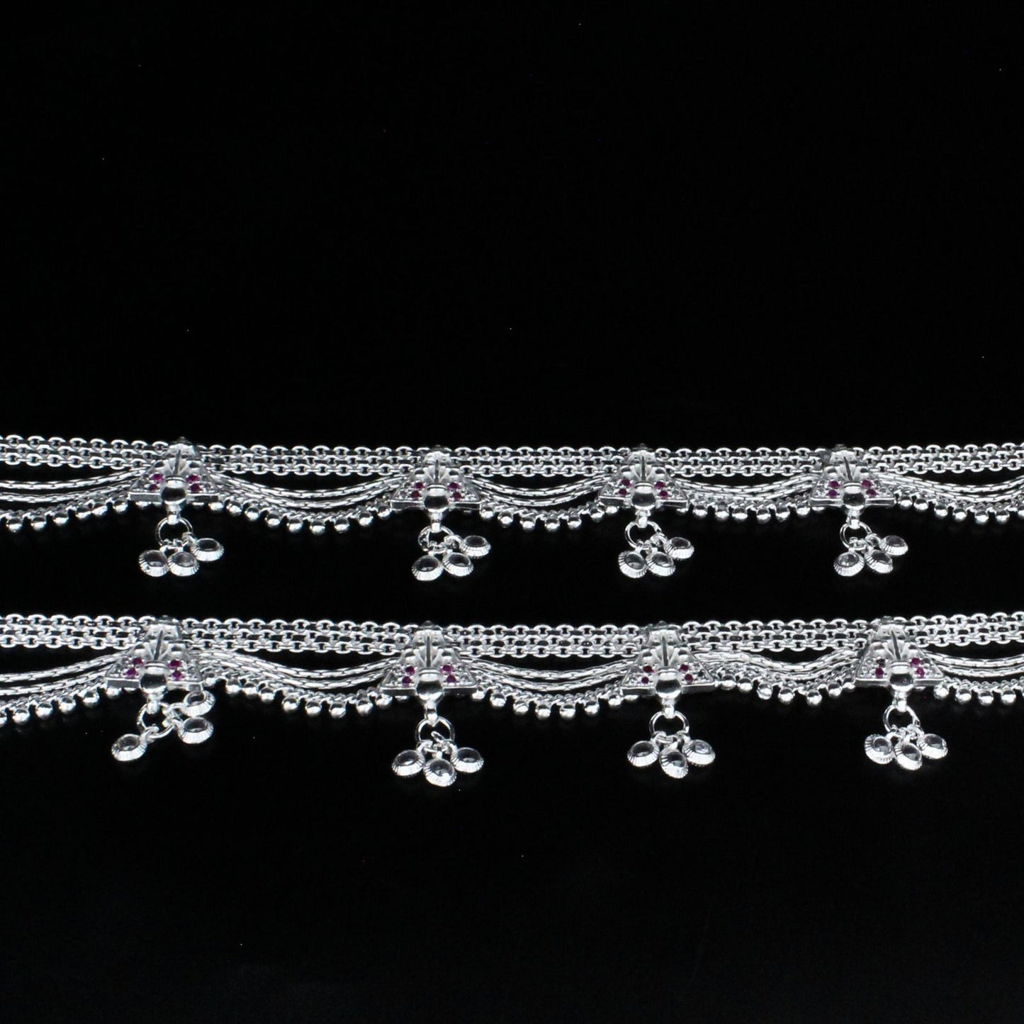 Real Sterling Silver heavy Bridal pajeb women Pink White CZ Anklet Ankle Pair 10.7"