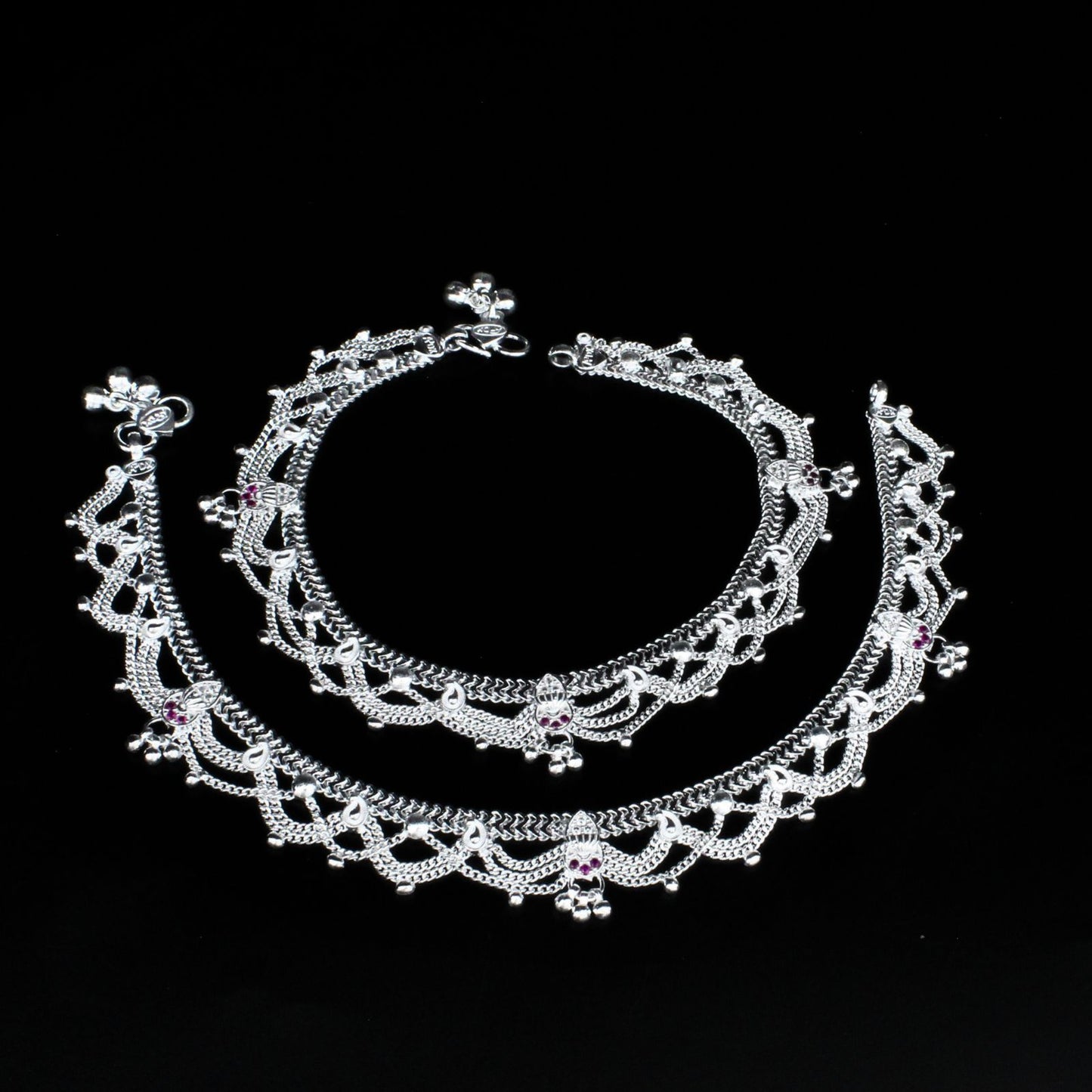 Real Sterling Silver women Pink CZ handmade Excellent Anklet Ankle Pair 10.3"