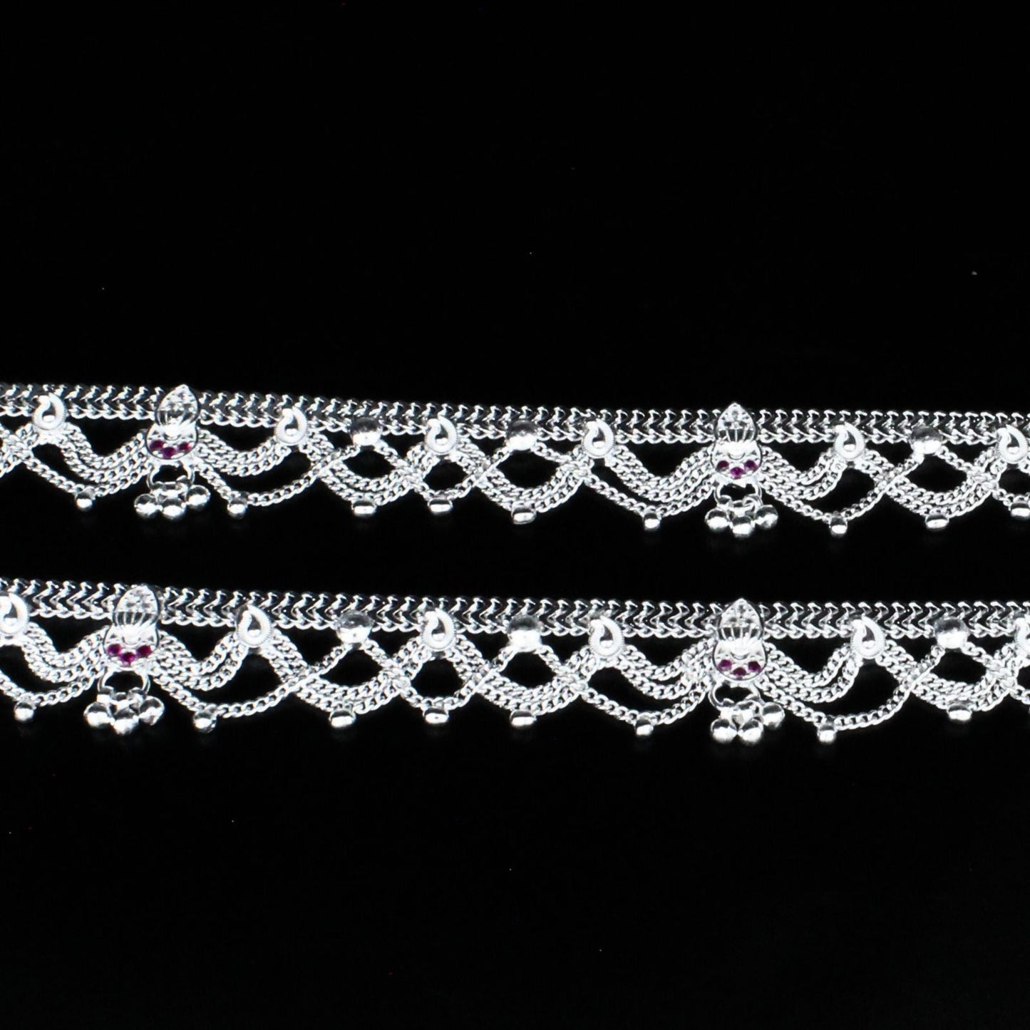 Real Sterling Silver women Pink CZ handmade Excellent Anklet Ankle Pair 10.3"