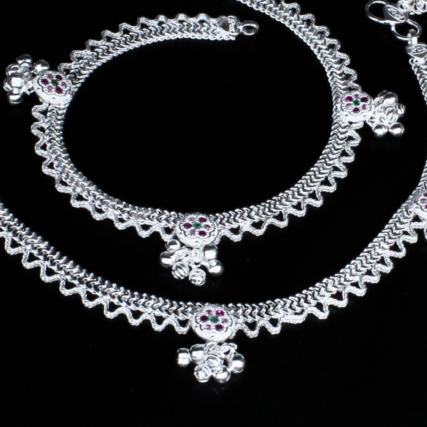 Real Sterling Silver women Multi CZ unique Anklet Ankle Pair 10.3"